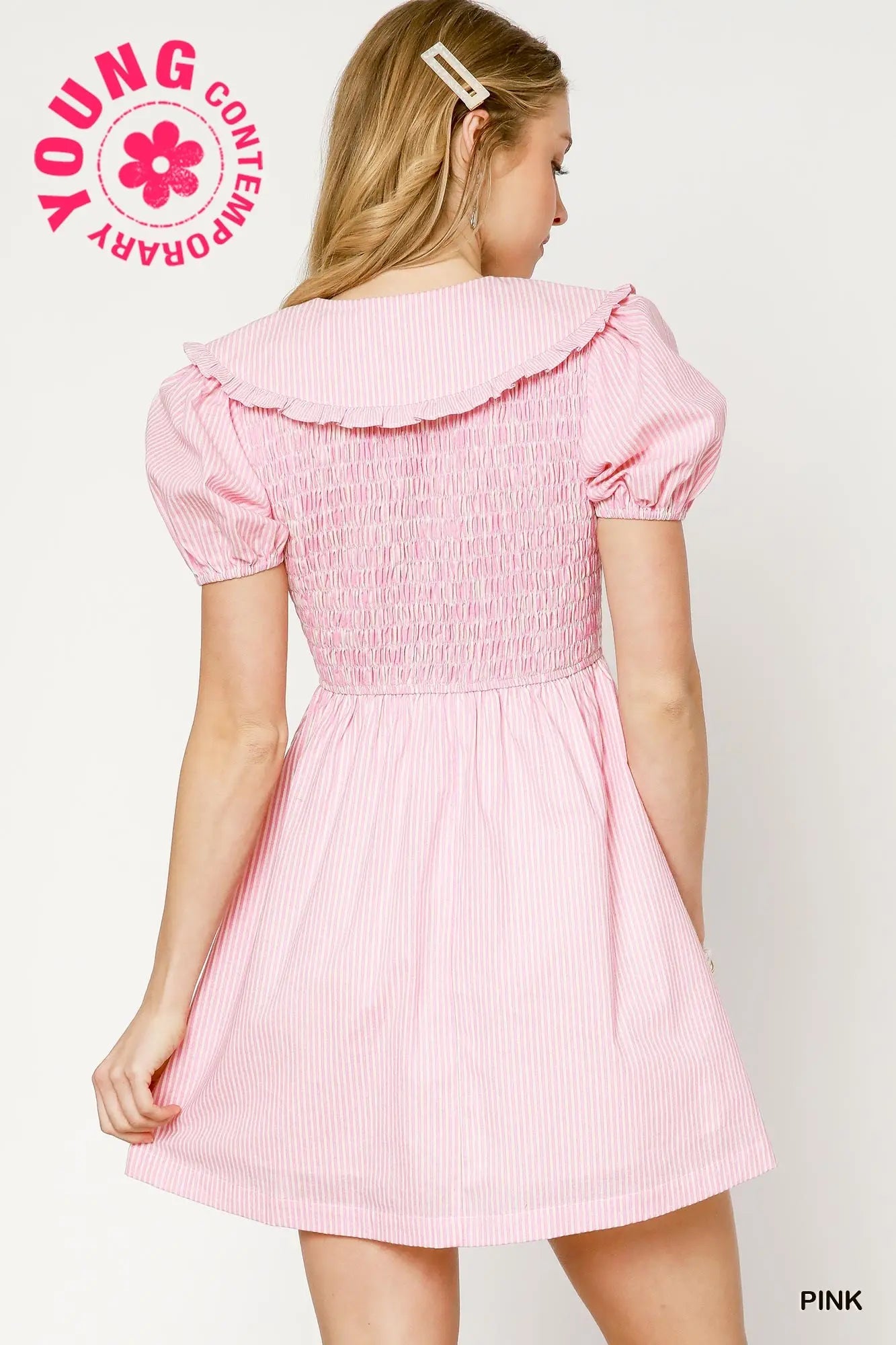 Striped Smocked Mini Dress with Oversized Collar