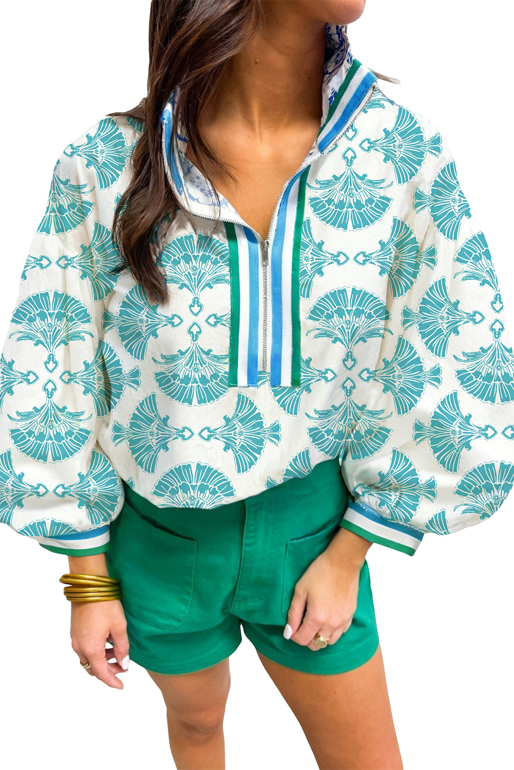 Sky Blue Floral Printed Striped Trim Half Zip Puff Sleeve Blouse