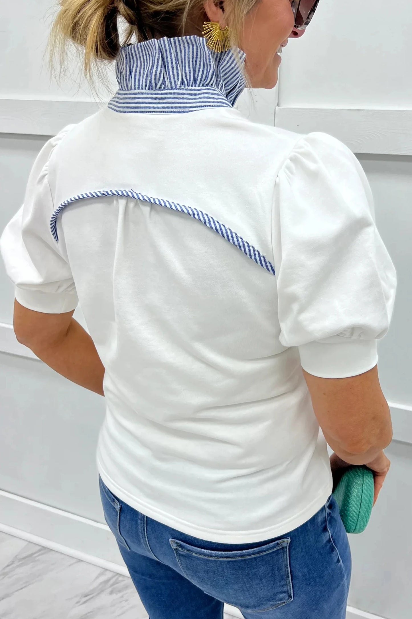 Sky Blue Striped Frilled Collar Short Sleeve Blouse