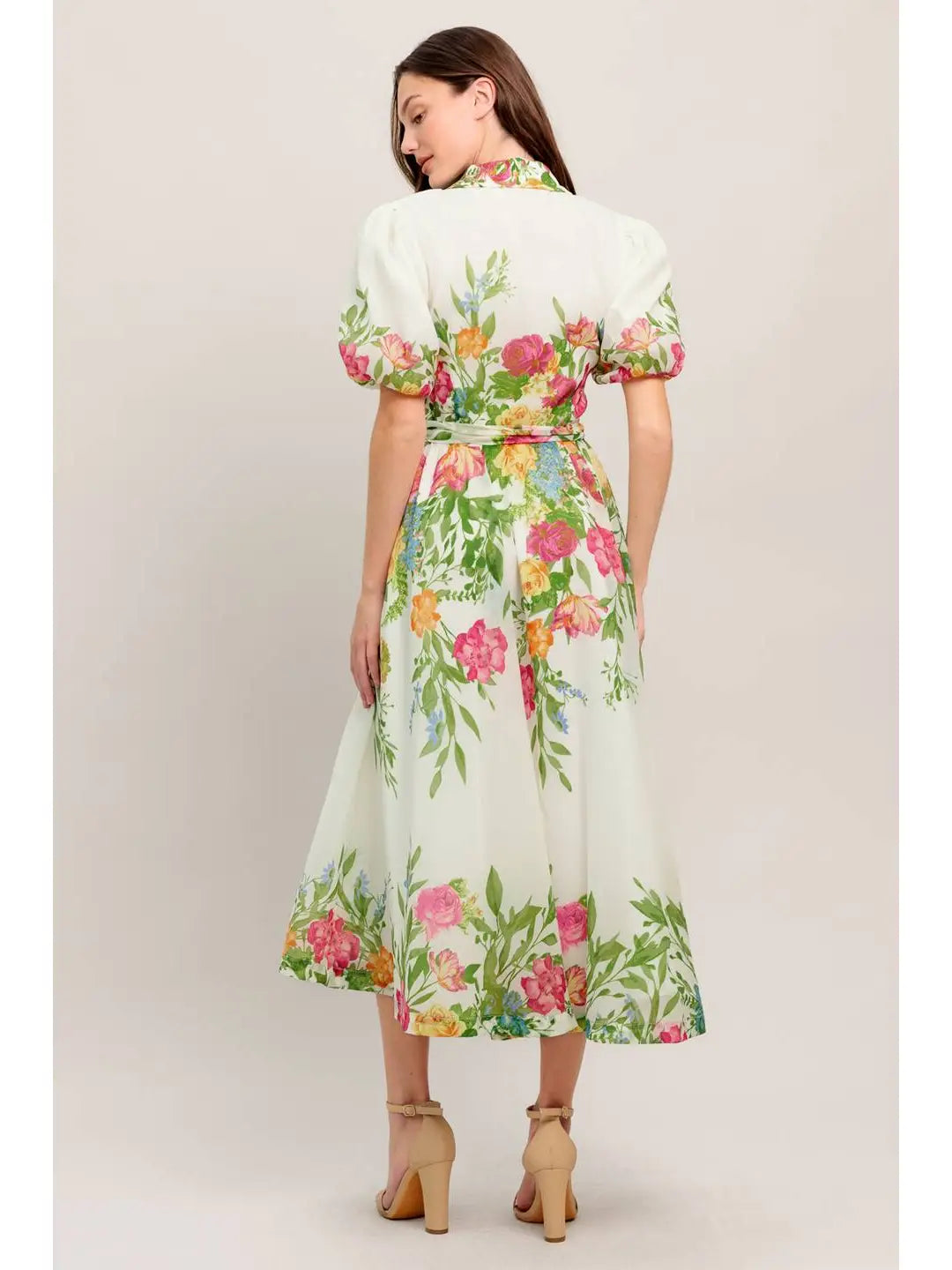 Printed Woven Midi Dress ivory and green