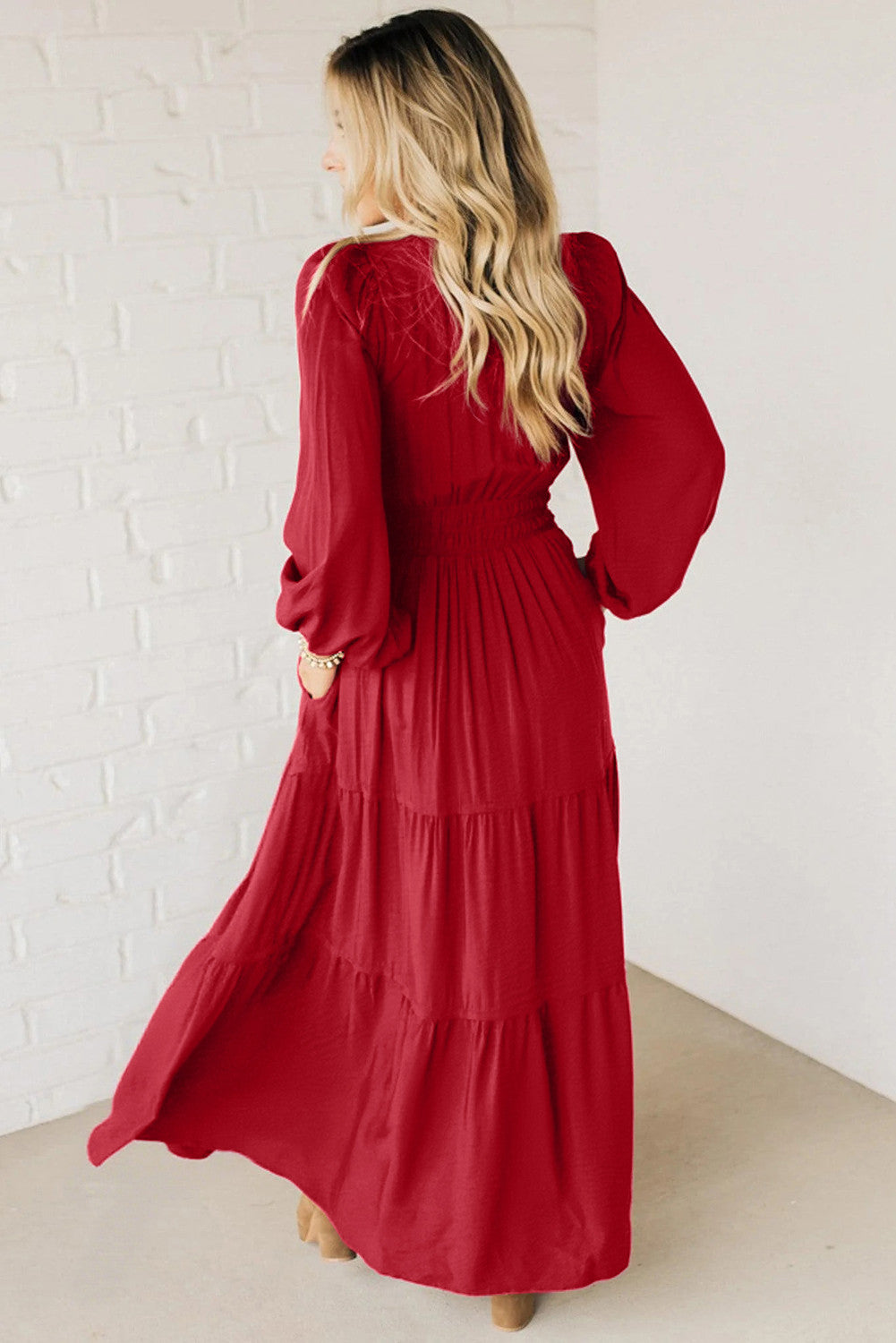 Red Contrast Embroidered Detail Cinched Waist Tiered Long Sleeve Maxi Dress