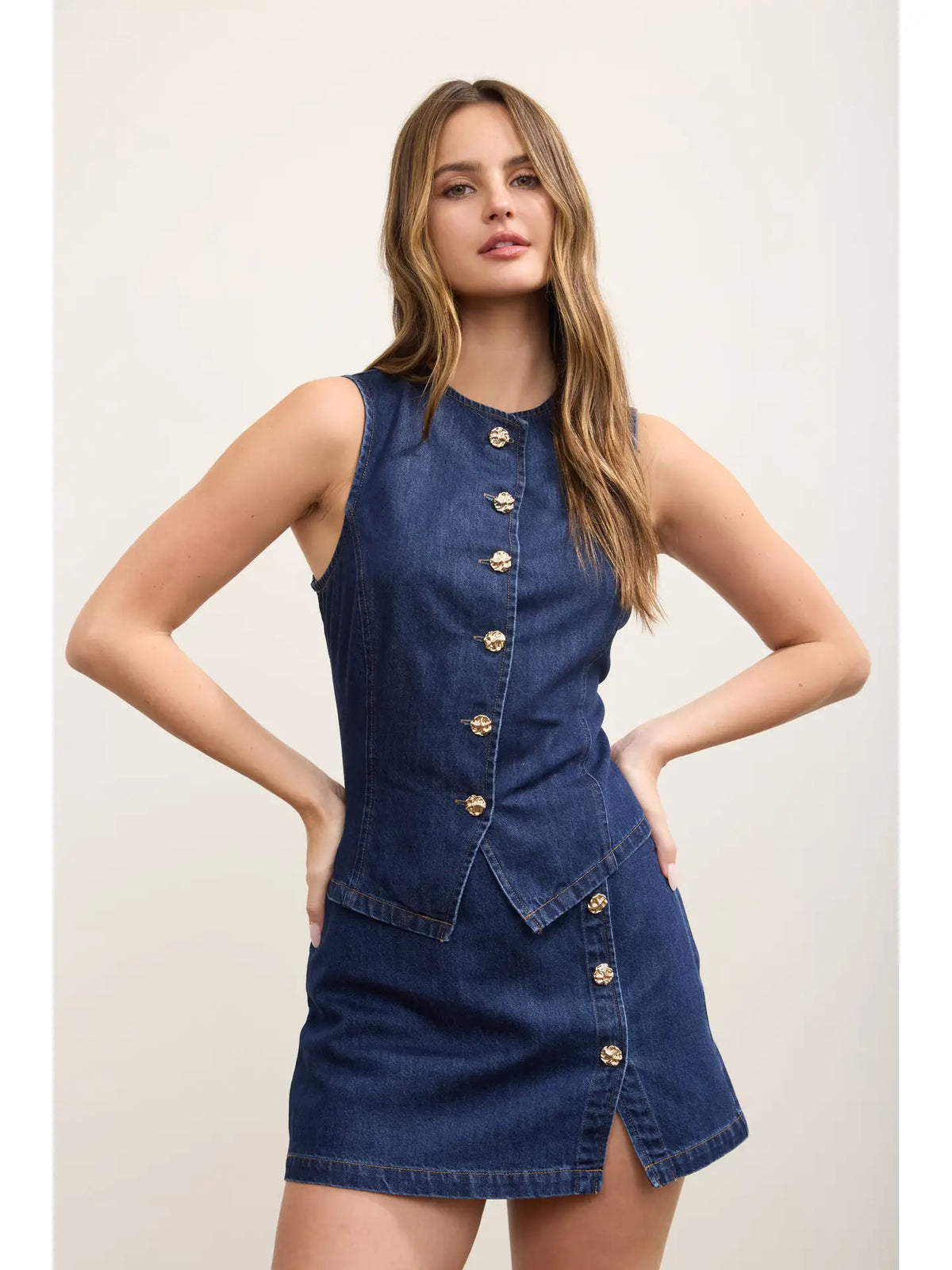 Gold Button Round Neck Denim Vest and skort set