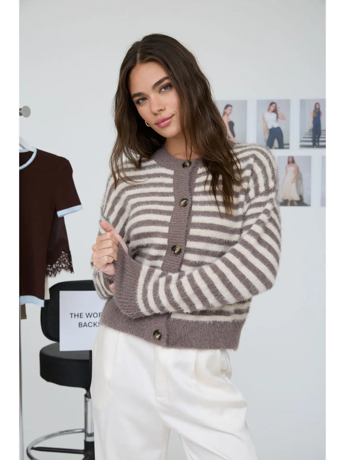 Stripe Round Neck Button Down Fuzzy Knit Cardigan