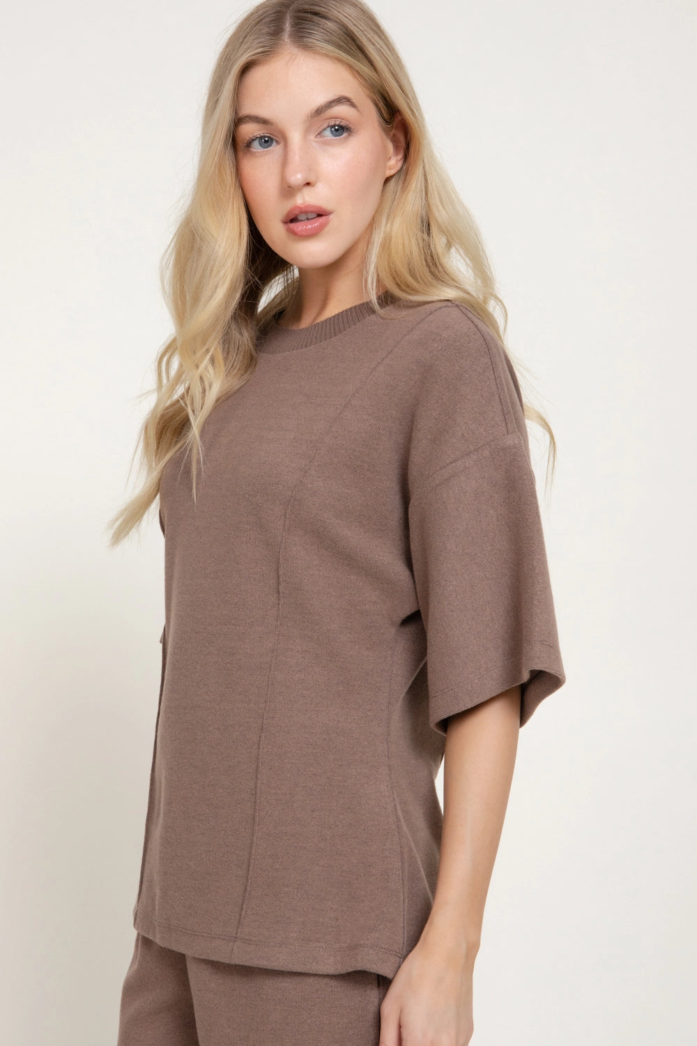 Elbow Sleeve Round Neck Brushed Knit Top with Flared Hem junior fit