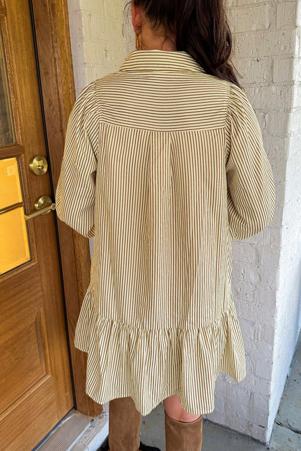 Brown Stripe Collared Neck Cuffed Long Sleeve Drop Waist Mini DressBrown Stripe Collared Neck Cuffed Long Sleeve Drop Waist Mini Dress