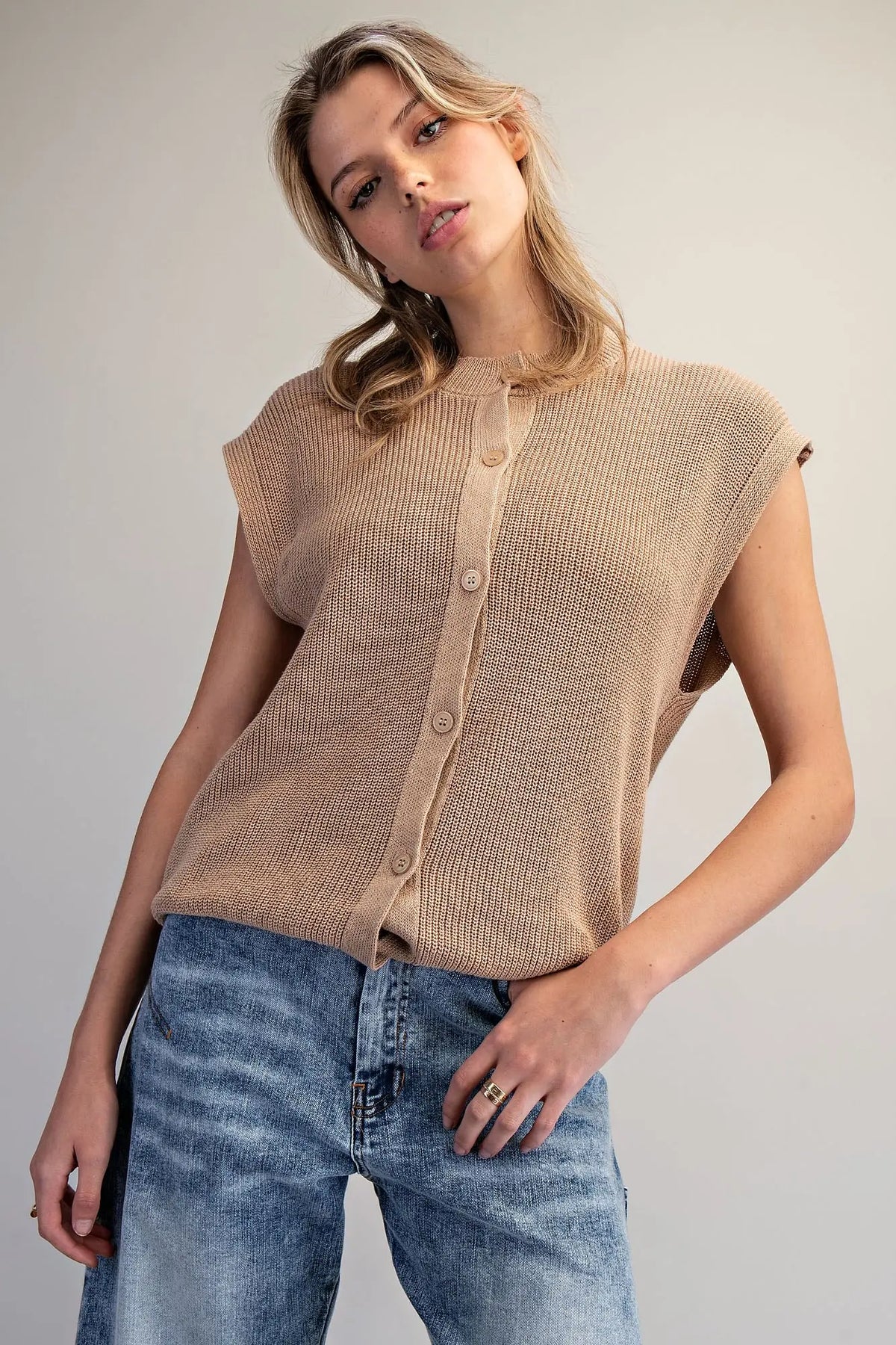 Solid Button Down Knit Top