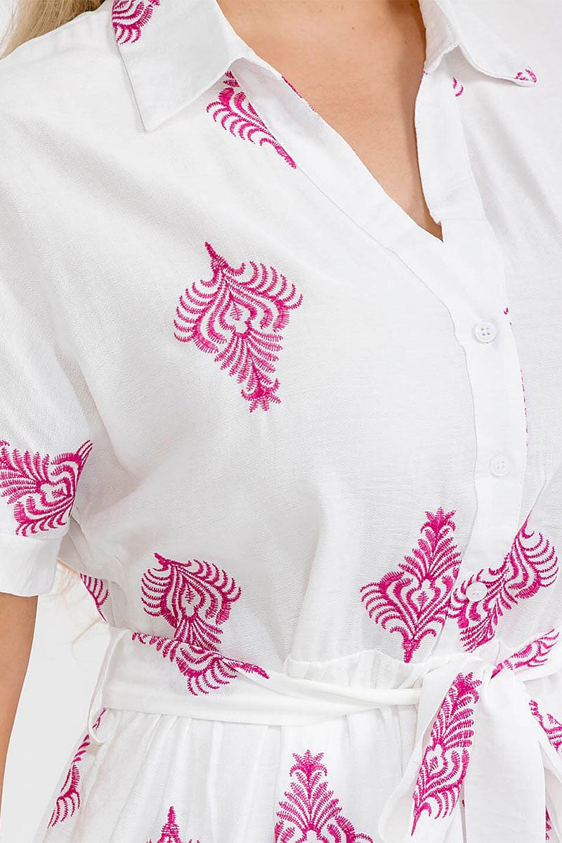 Button Up Self Tie Embroidery Maxi Dress
