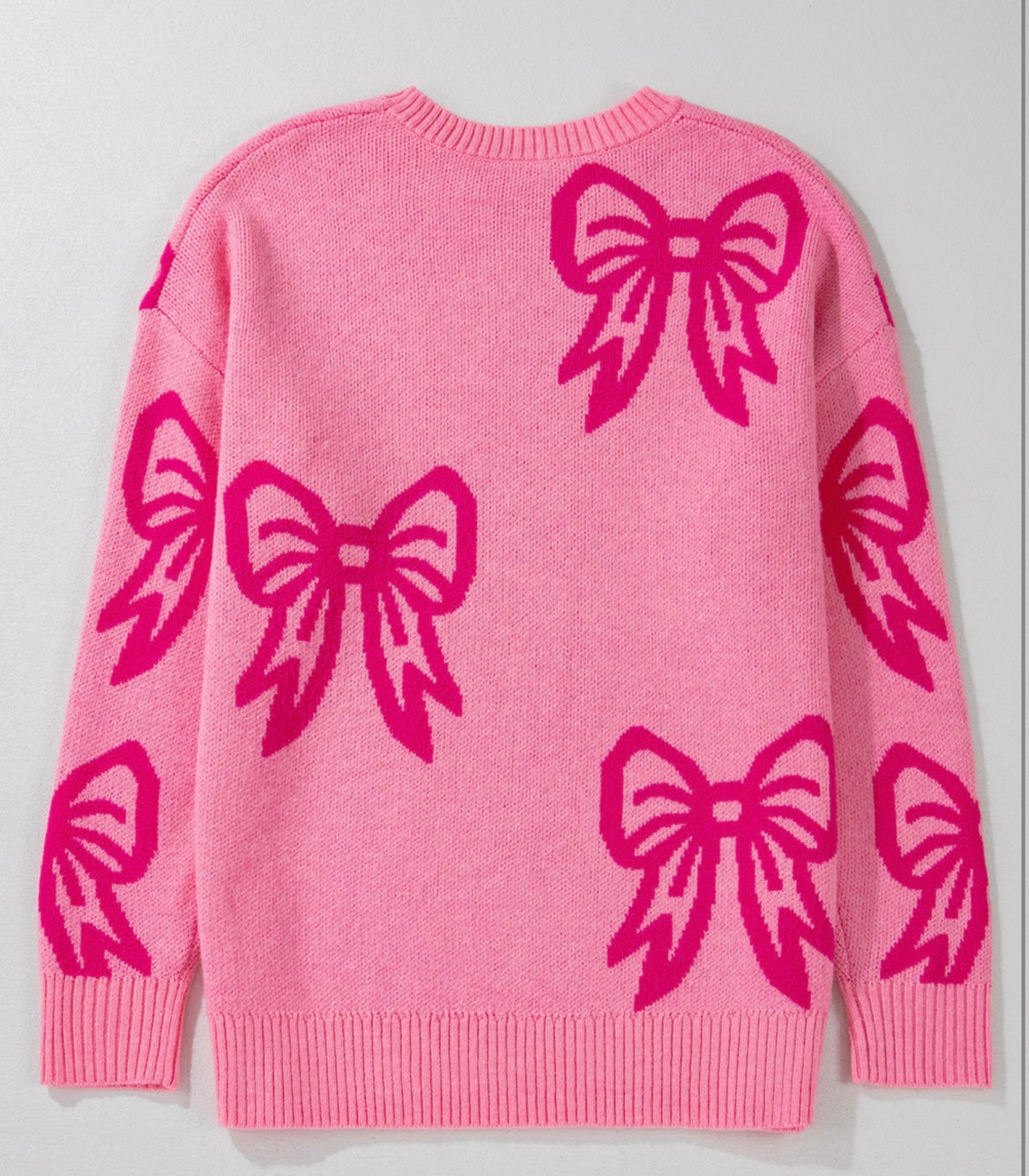 Pink Bow Pattern Drop Shoulder Loose Sweater