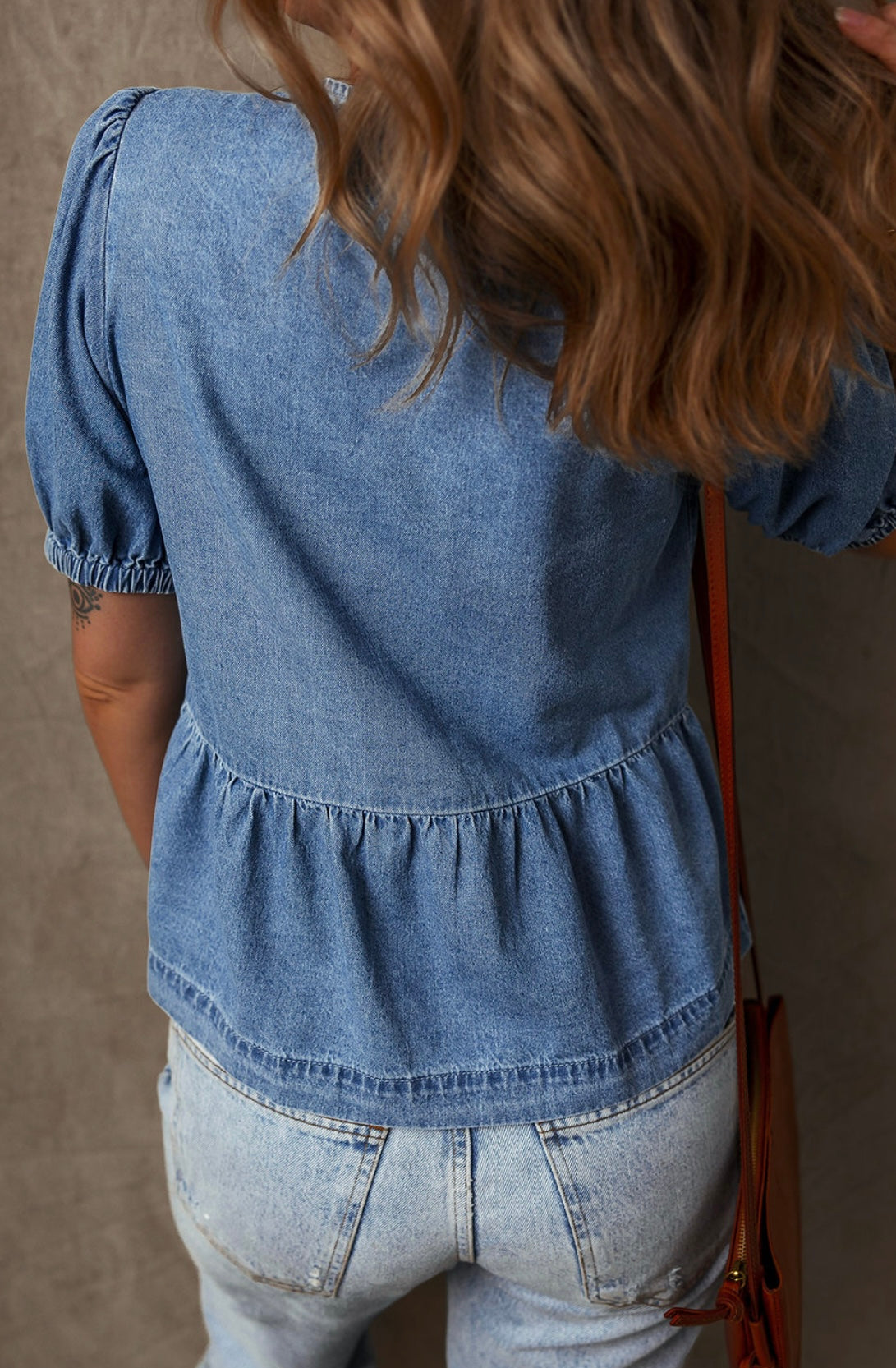 Dusk Blue Tied Front Bubble Sleeve Peplum Denim Shirt