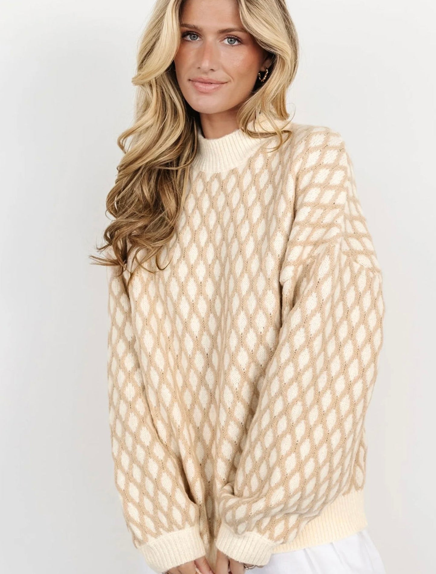 Oatmeal Diamond Knit Drop Shoulder Loose Sweater