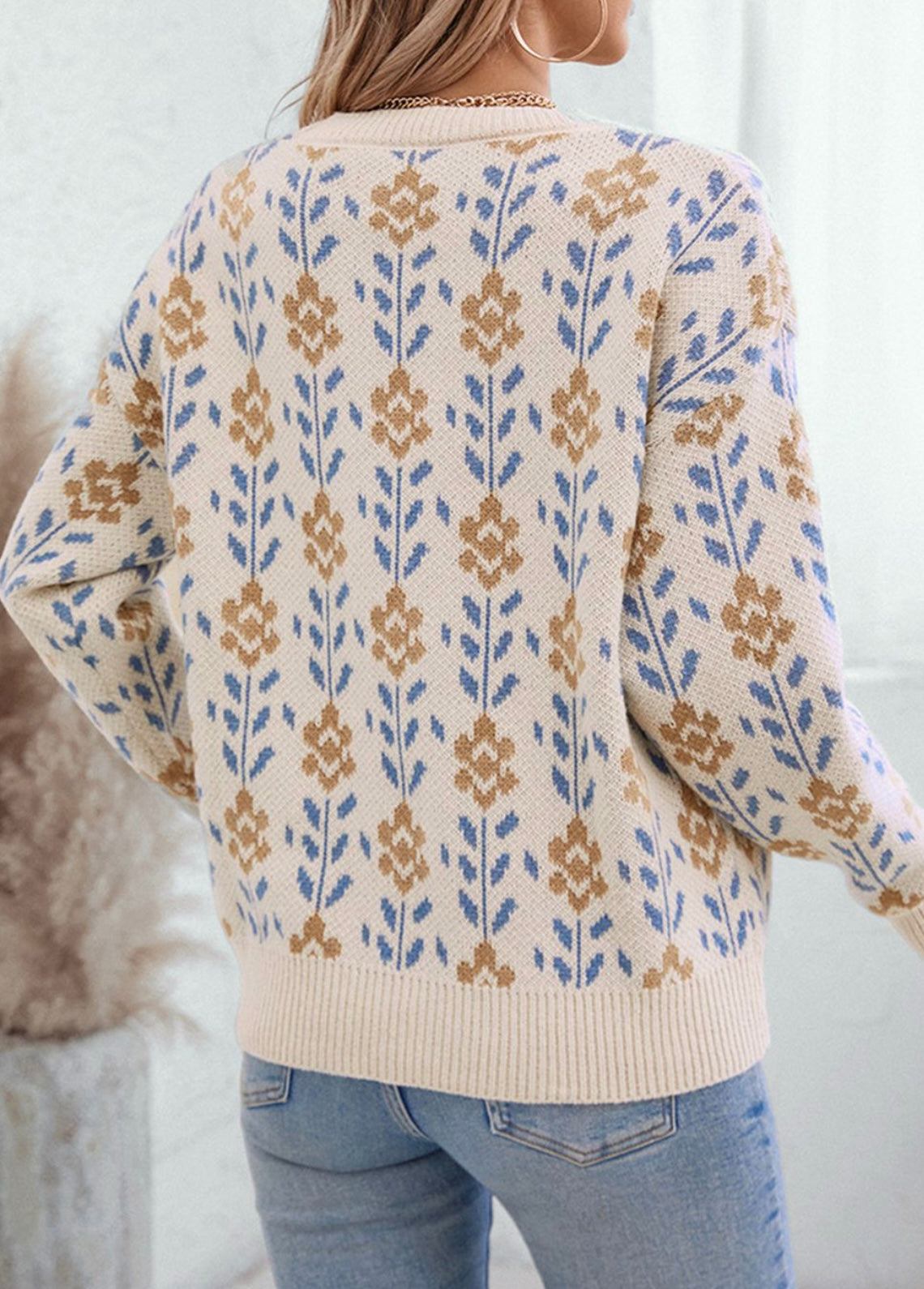 Apricot Floral Pattern Crew Neck Sweater