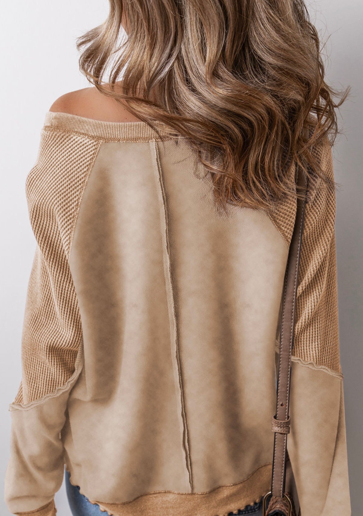 Light French Beige Solid Waffle Knit Patchwork Raglan Sleeve Sweatshirt