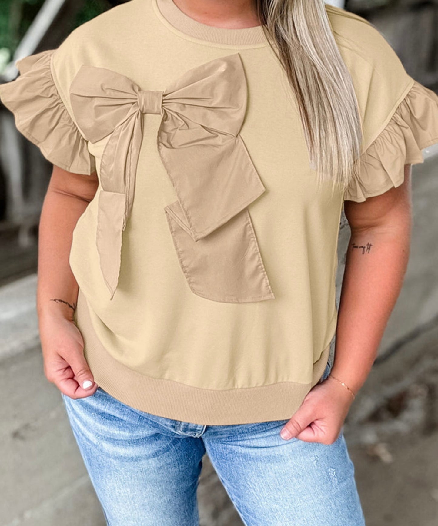 Parchment Ruffled Short Sleeve Bowknot Applique Crew Neck Plus Size Top