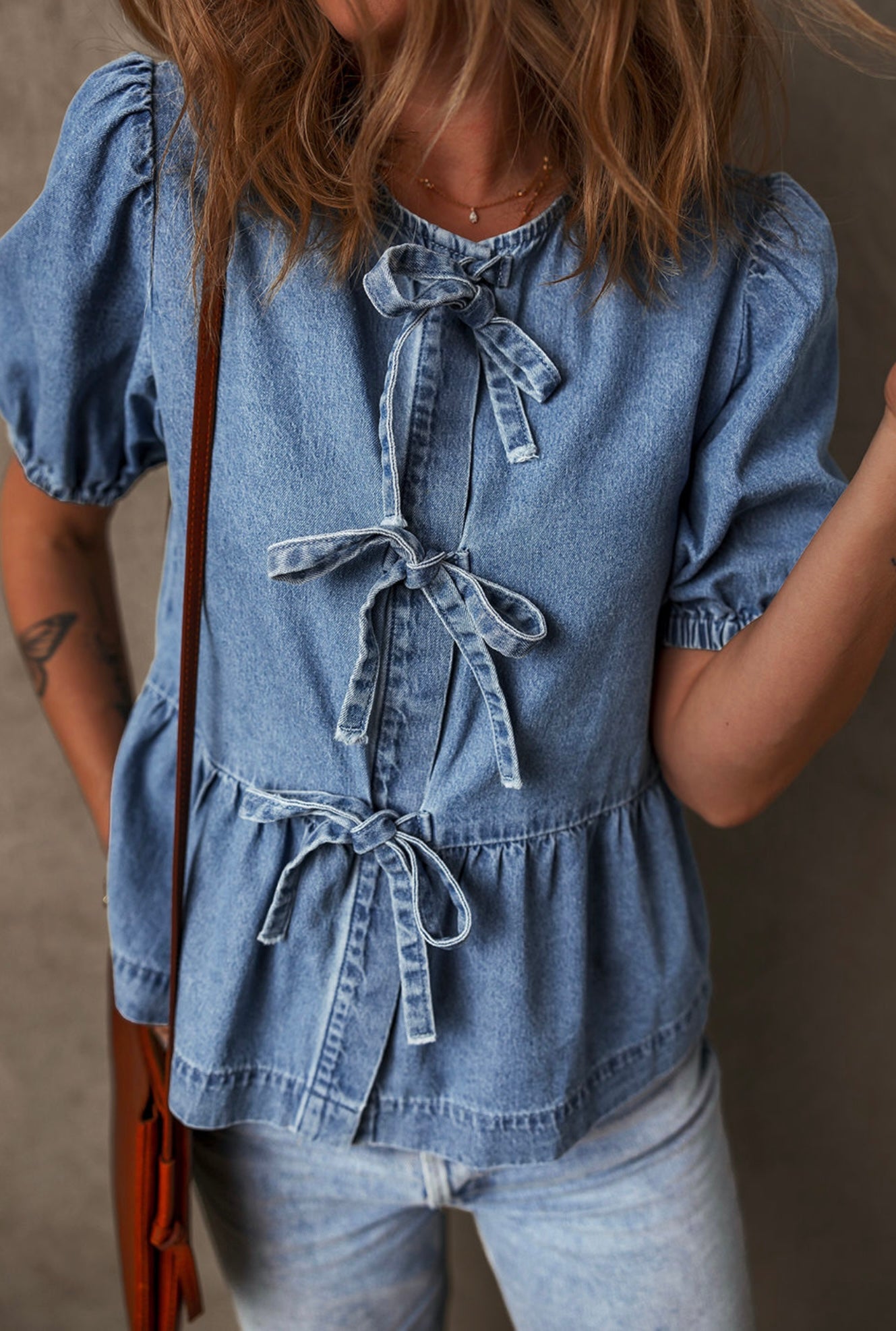 Dusk Blue Tied Front Bubble Sleeve Peplum Denim Shirt
