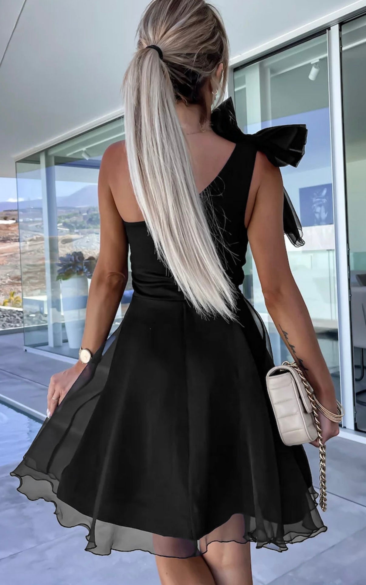Black Bowtie One-shoulder Tulle Overlay Skater Dress