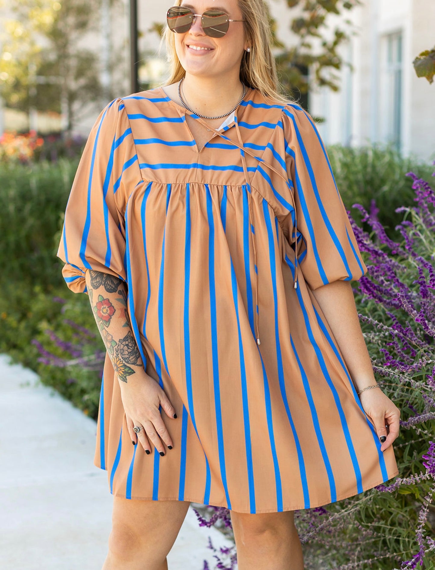 Khaki Stripe Contrast Striped Print 3/4 Sleeve Babydoll Plus Size Dress