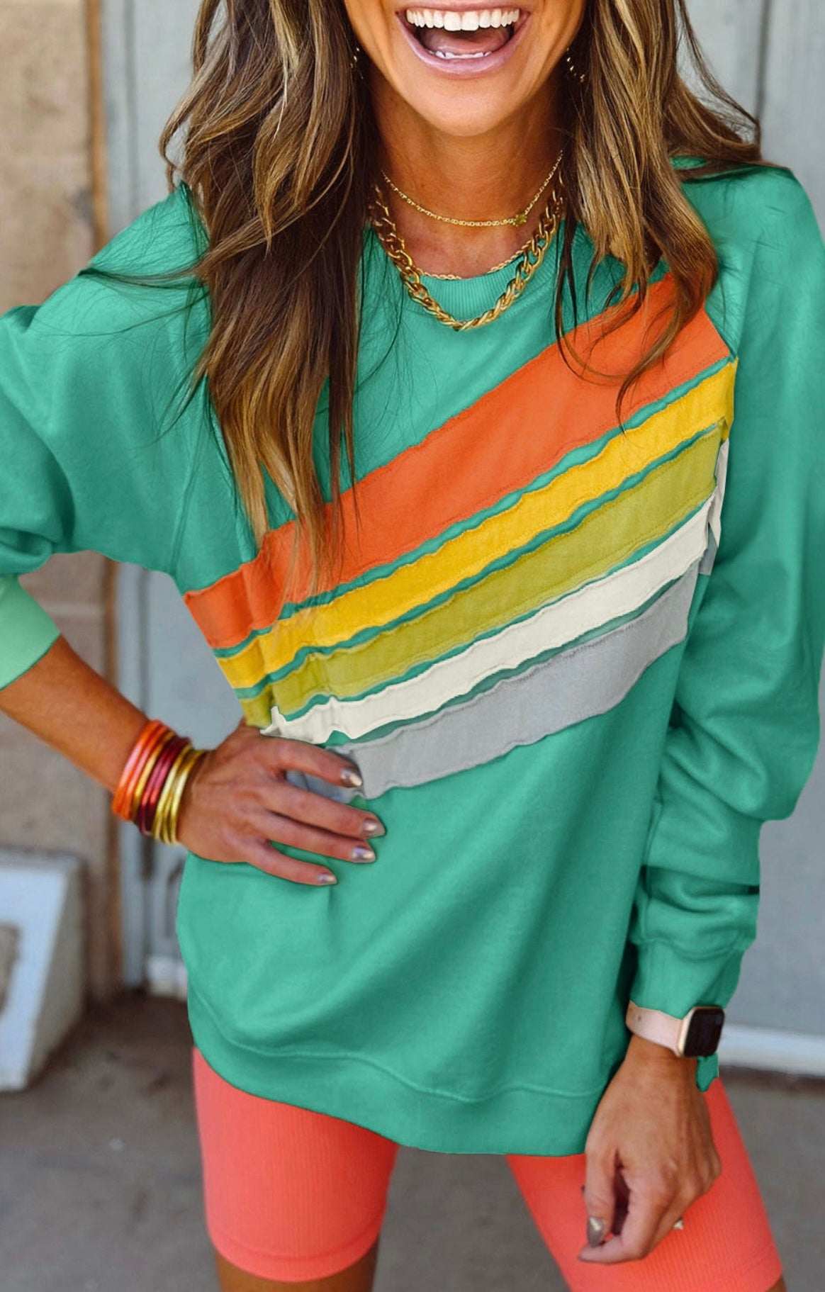 Mint Green Rainbow Colorblock Striped Pullover Sweatshirt