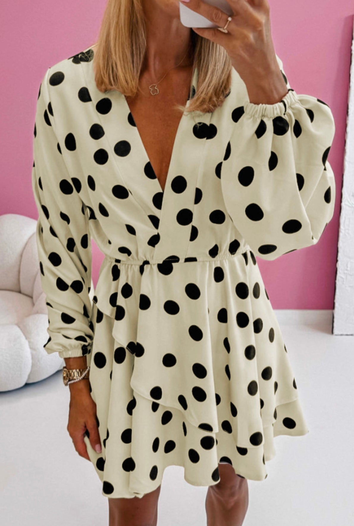 Beige Polka Dot Printed Surplice V Neck Puff Sleeve Mini Dress