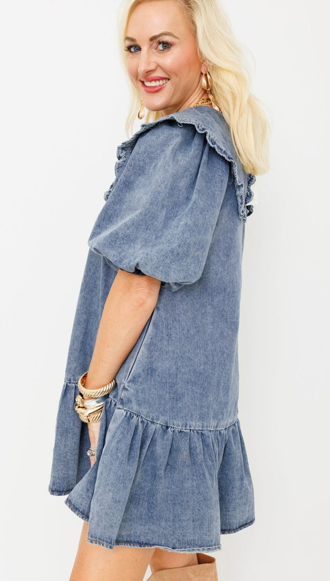 Dusk Blue Ruffled Collared Side Pockets Puff Sleeve Denim Mini Dress