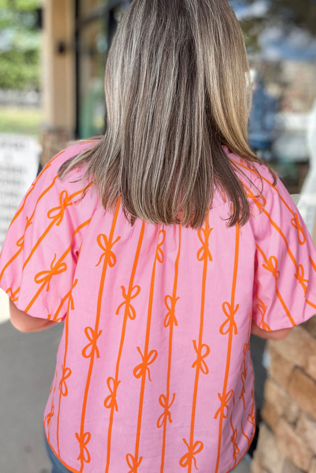 Rose Bowknot Print Shirred V Neck Puff Sleeve Plus Size Blouse