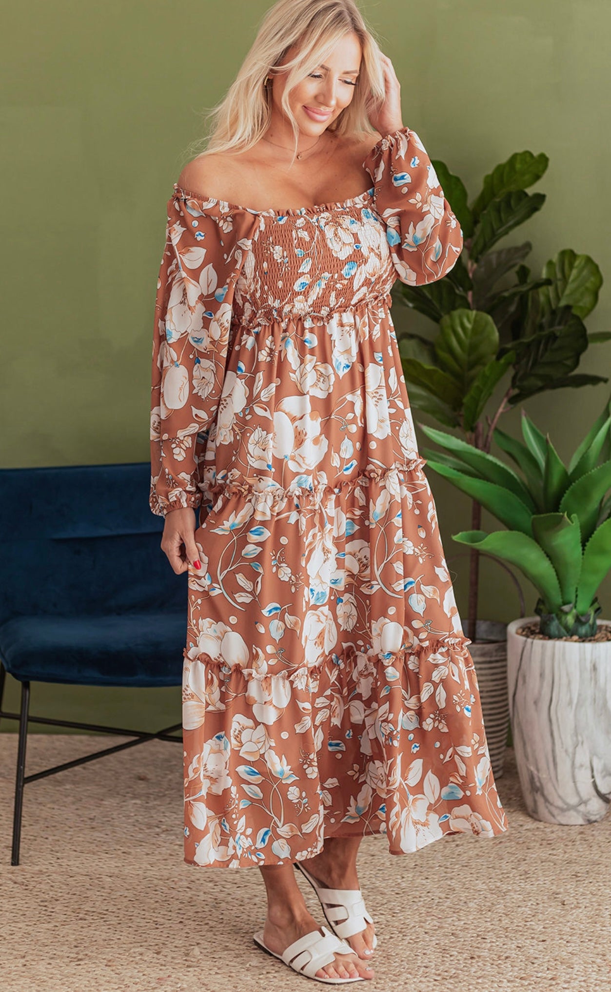 Brown Floral Print Shirred Square Neck High Waist Maxi Dress