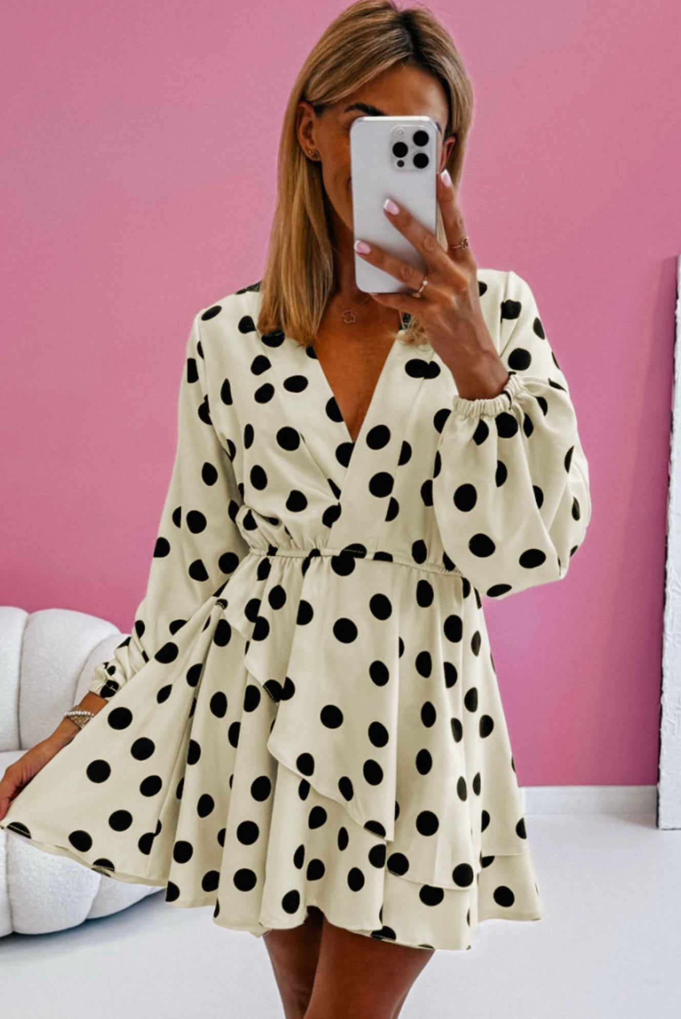 Beige Polka Dot Printed Surplice V Neck Puff Sleeve Mini Dress