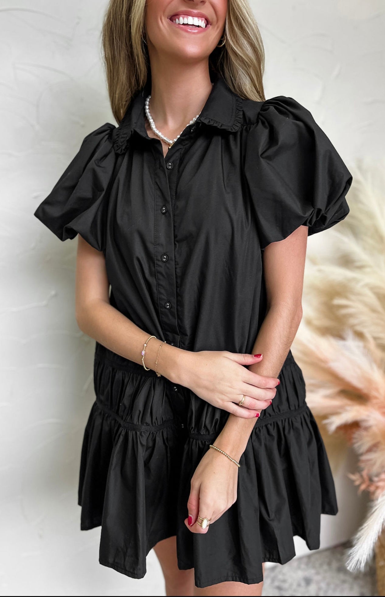 Black Shirt Style Button Down Puff Sleeve Ruffle Hem Dress