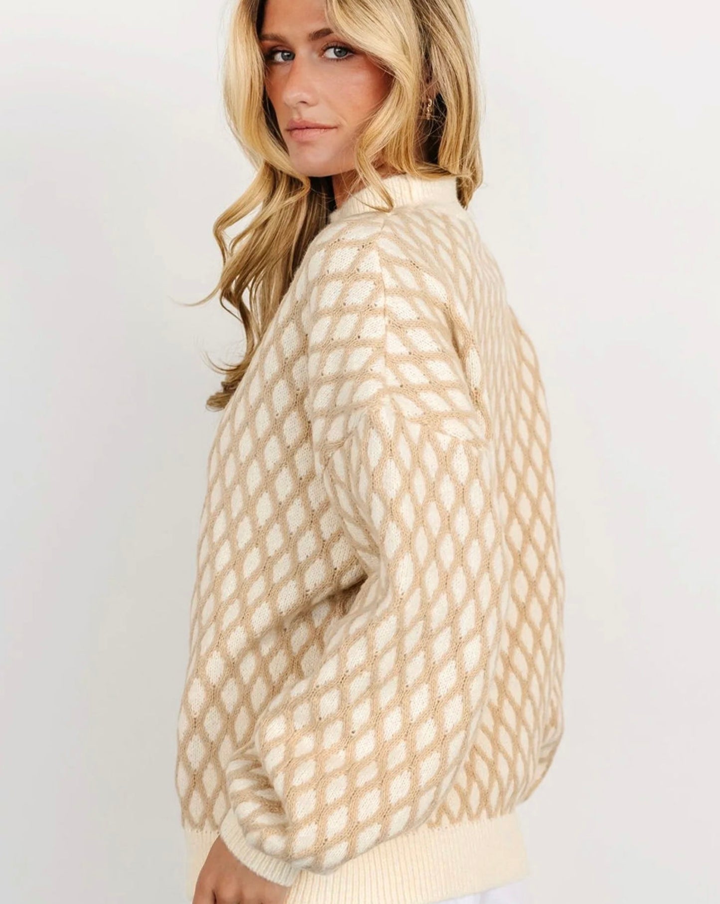 Oatmeal Diamond Knit Drop Shoulder Loose Sweater