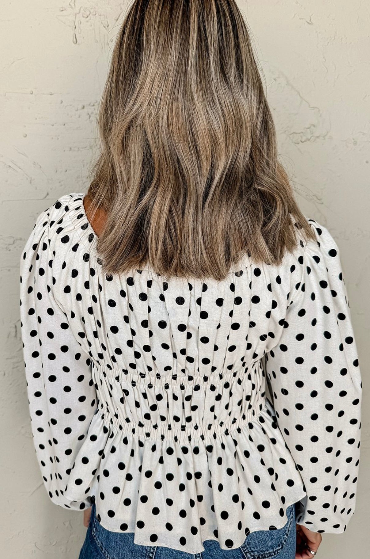 Black Polka Dot Puff Sleeve Bow Square Neck Peplum Top