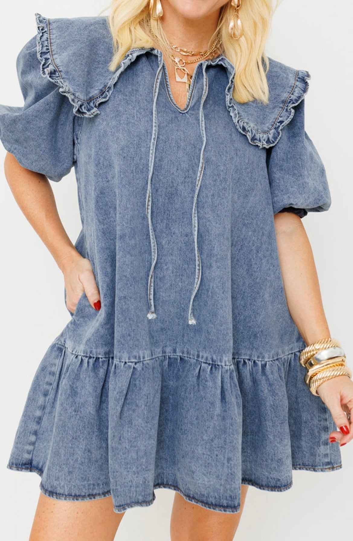 Dusk Blue Ruffled Collared Side Pockets Puff Sleeve Denim Mini Dress