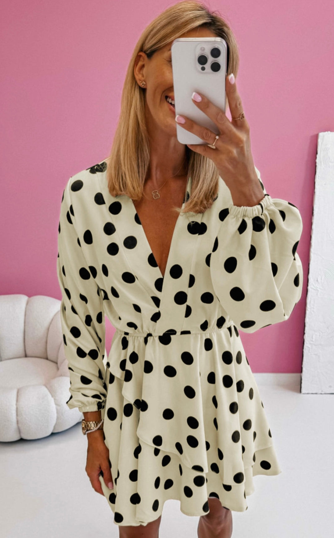 Beige Polka Dot Printed Surplice V Neck Puff Sleeve Mini Dress