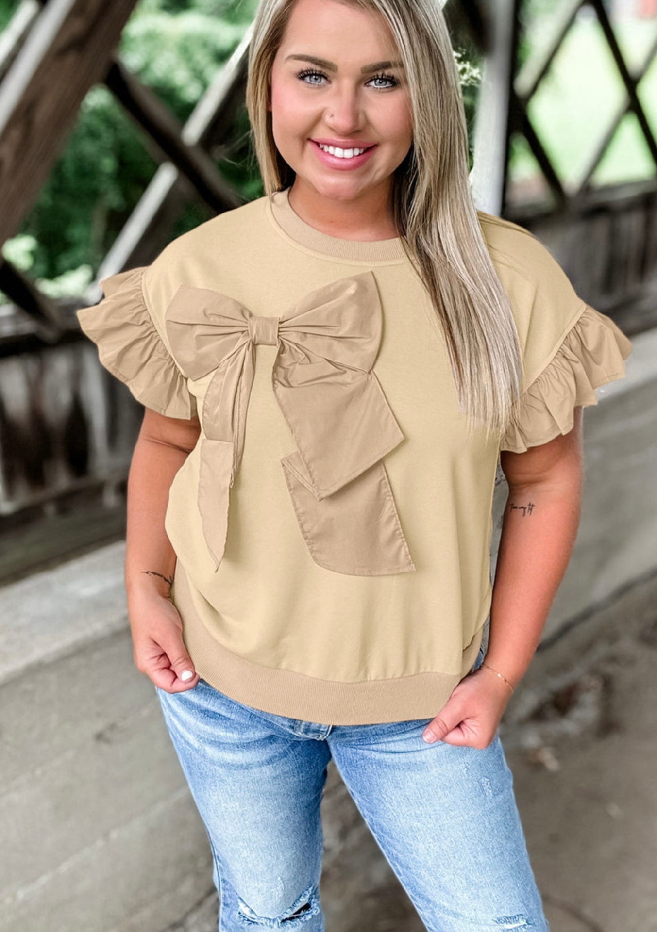 Parchment Ruffled Short Sleeve Bowknot Applique Crew Neck Plus Size Top