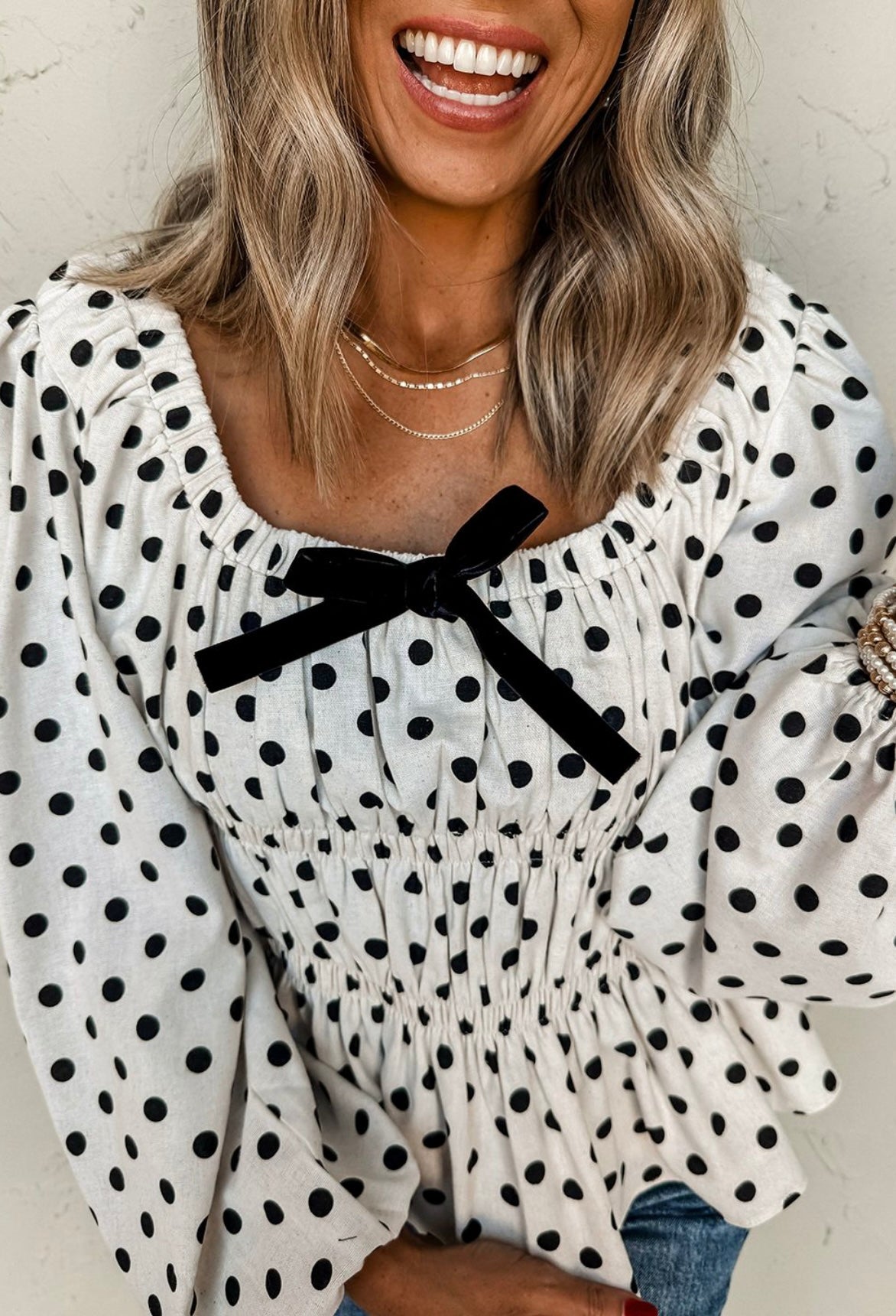 Black Polka Dot Puff Sleeve Bow Square Neck Peplum Top