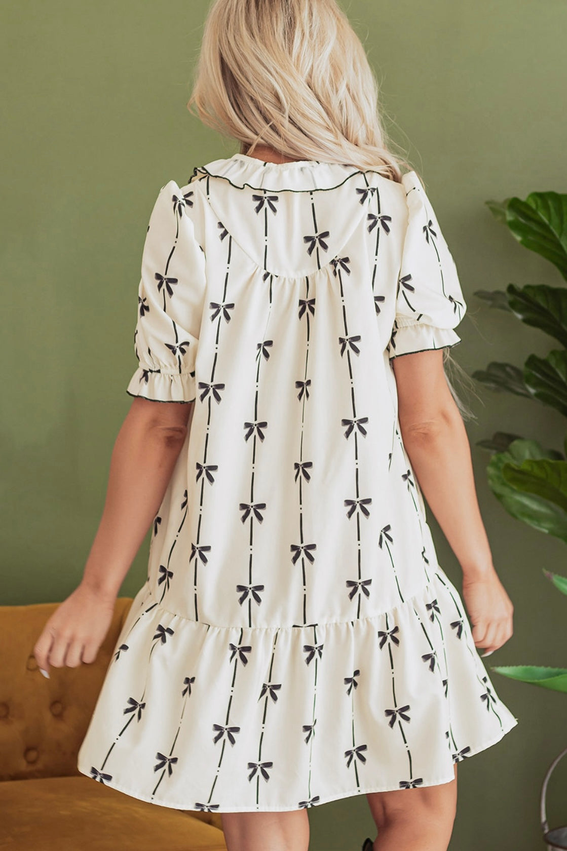 Beige Cute Bowknot Printed Bubble Sleeve V Neck Mini Dress
