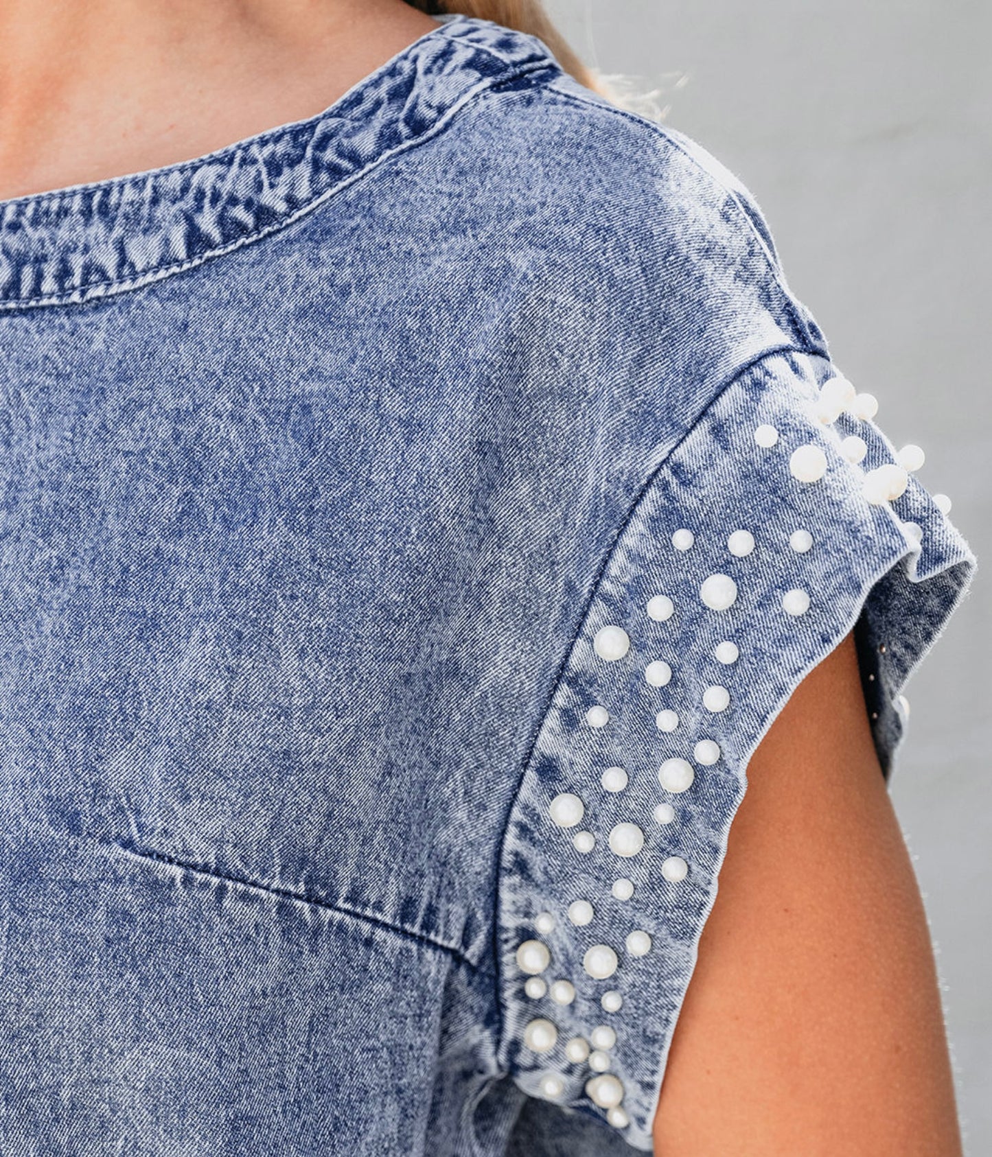 Dusk Blue Acid Wash Pearl Embellishments O-neck Denim Top