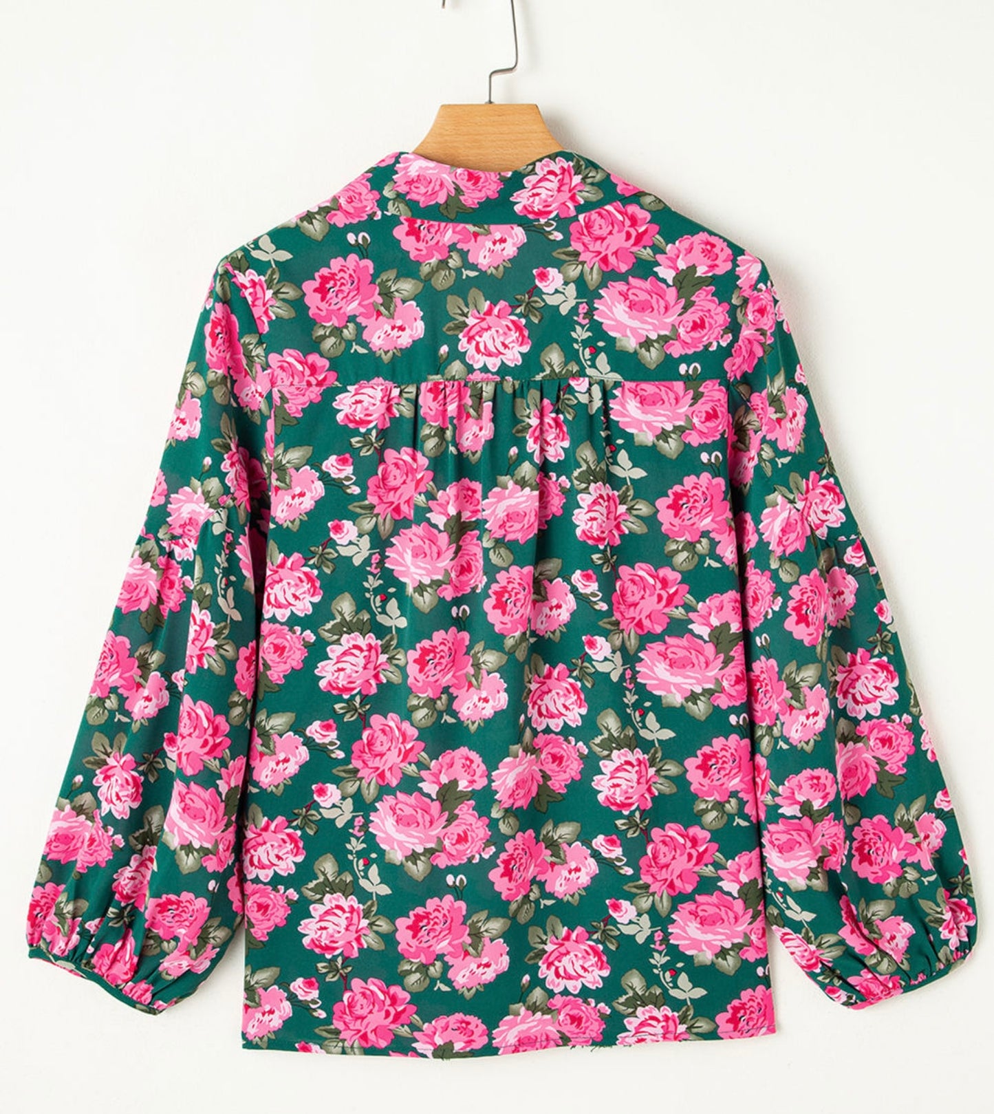 Green Floral Printed Tied Collar Puff Sleeve Blouse