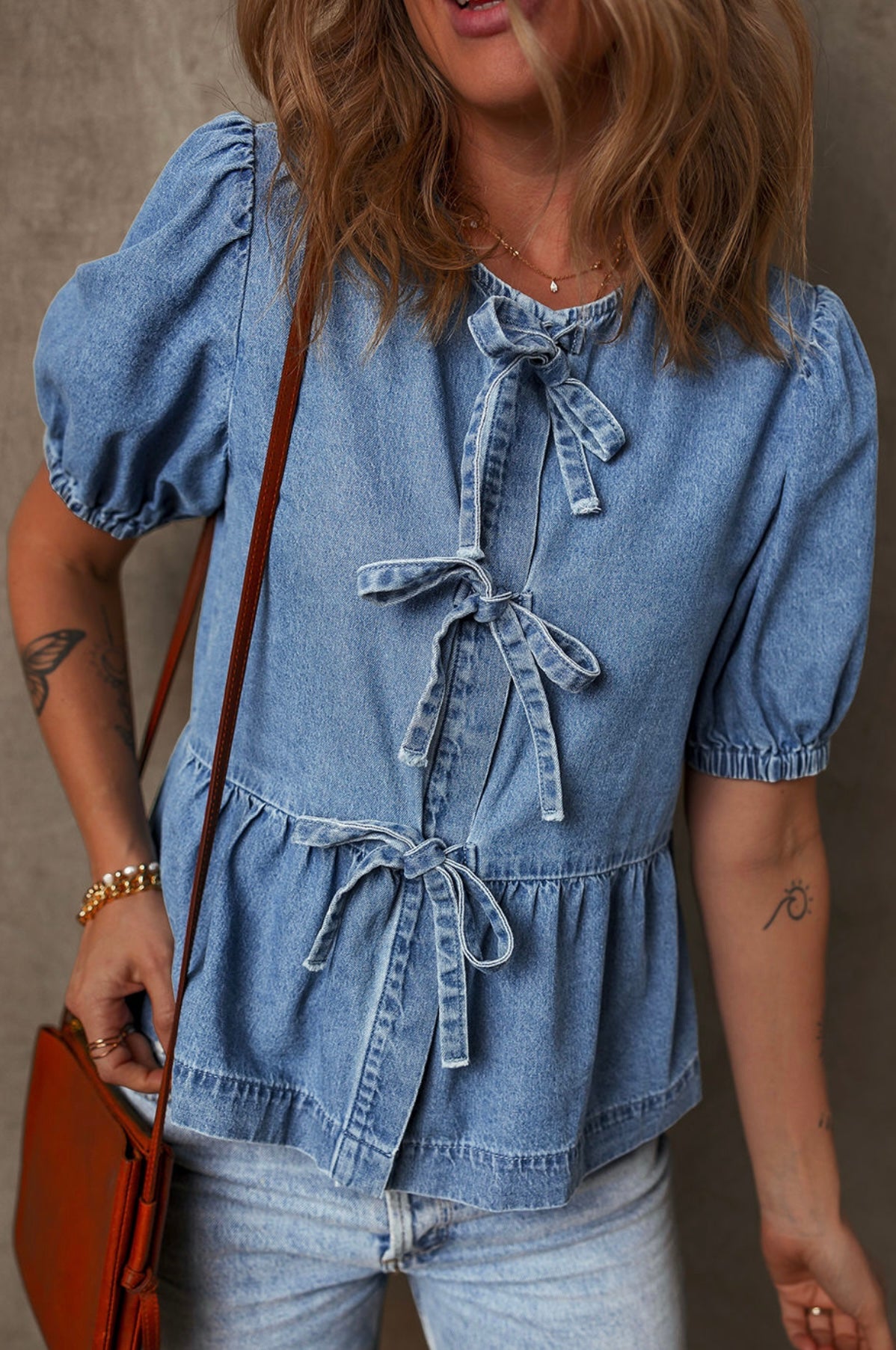 Dusk Blue Tied Front Bubble Sleeve Peplum Denim Shirt