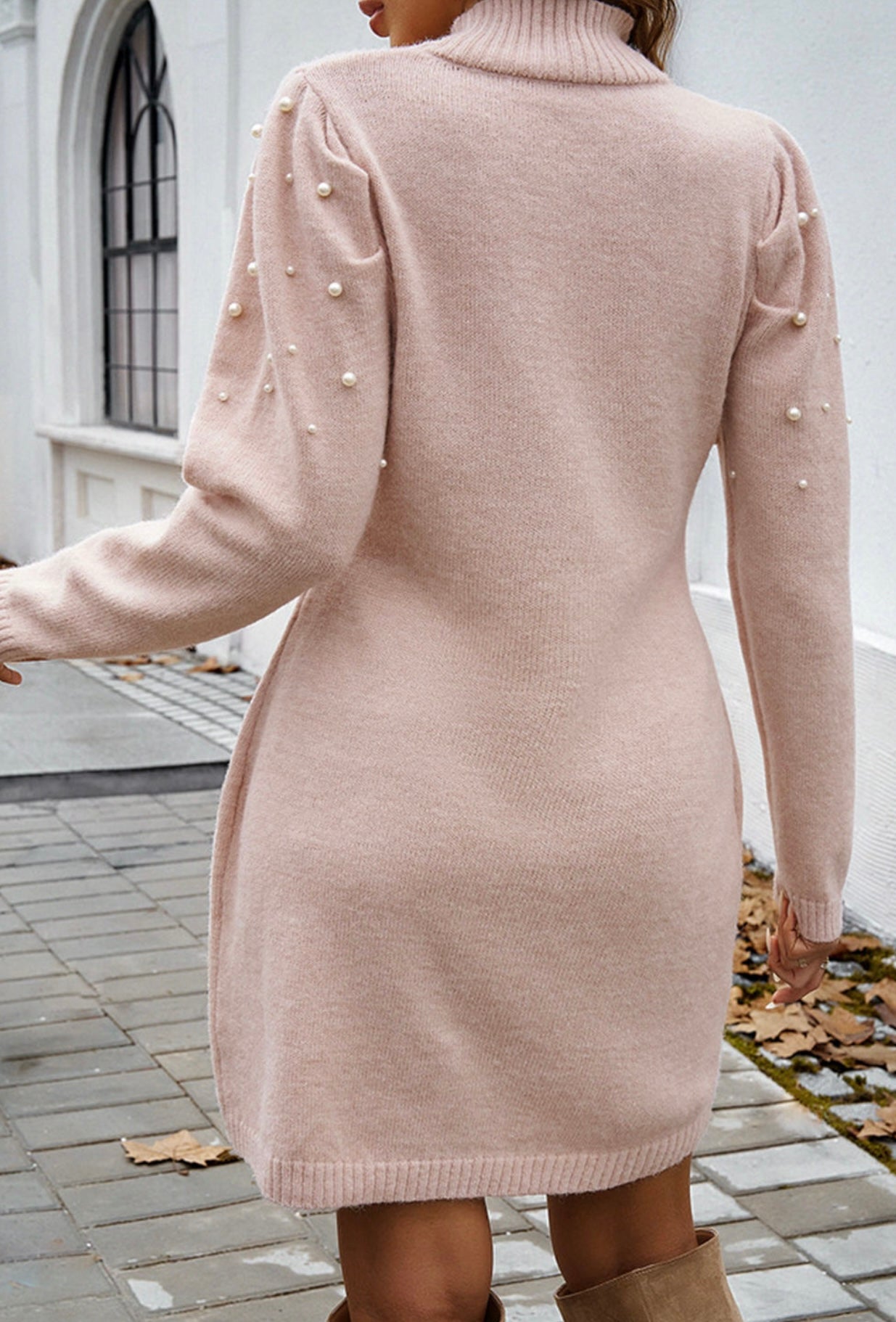 Apricot Pink Pearl Beaded High Neck Bodycon Sweater Dress