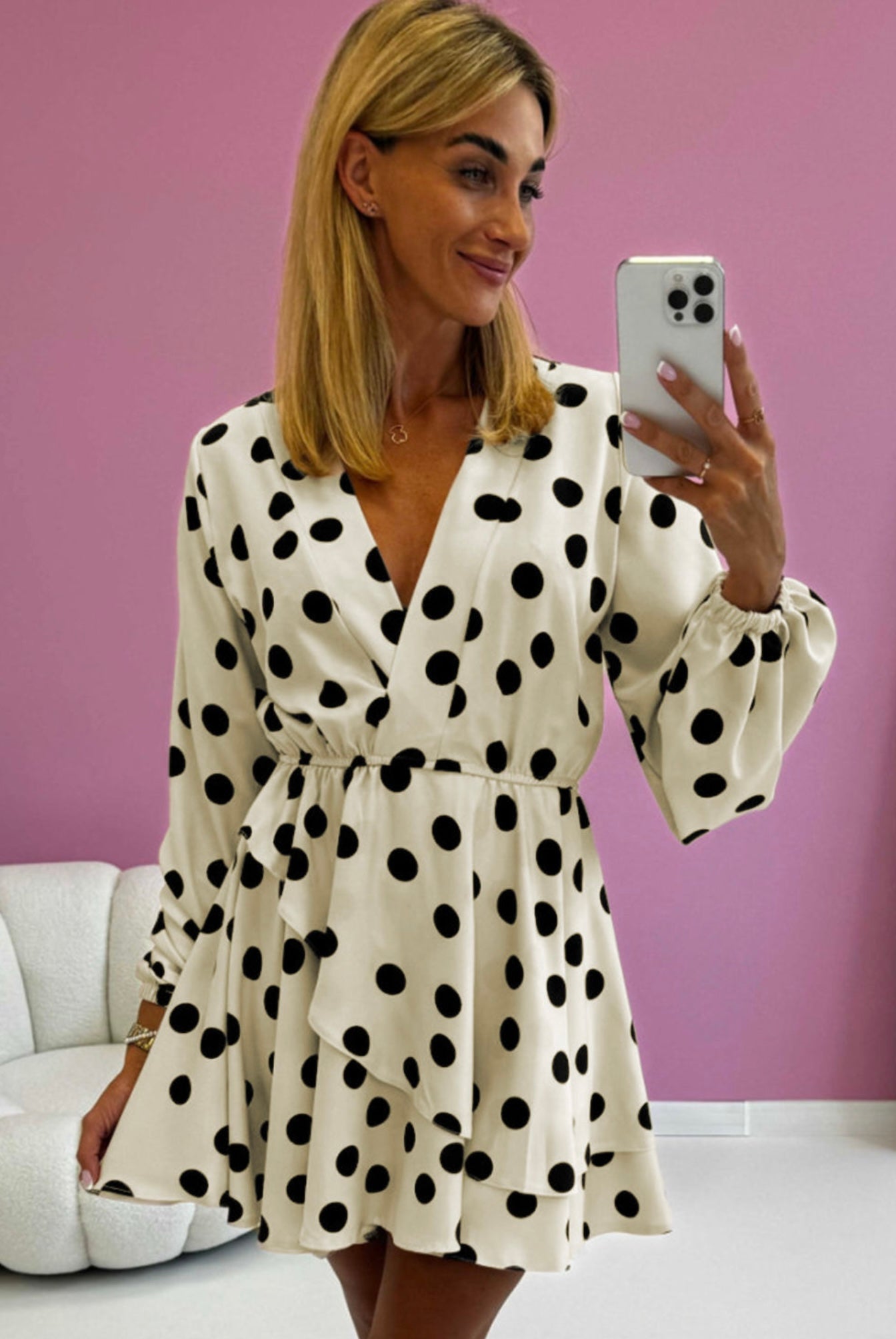 Beige Polka Dot Printed Surplice V Neck Puff Sleeve Mini Dress