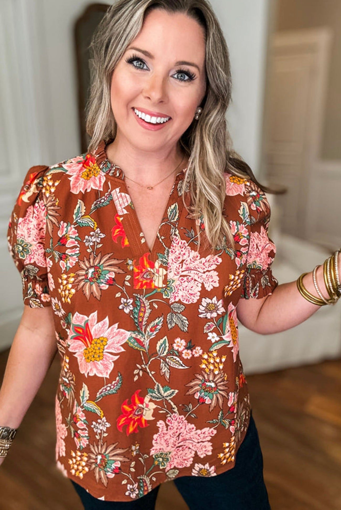 Brown Floral Stitched V Neck Frilled Trim Puff Short Sleeve Blouse