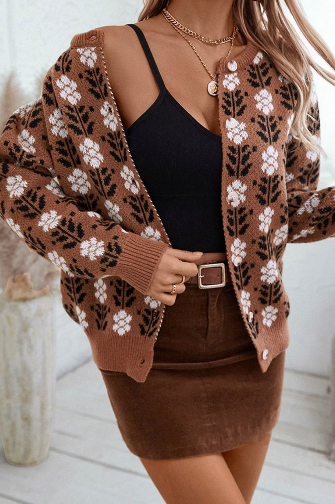 Coffee Floral Print Ribbed Trim Buttoned Cardigan