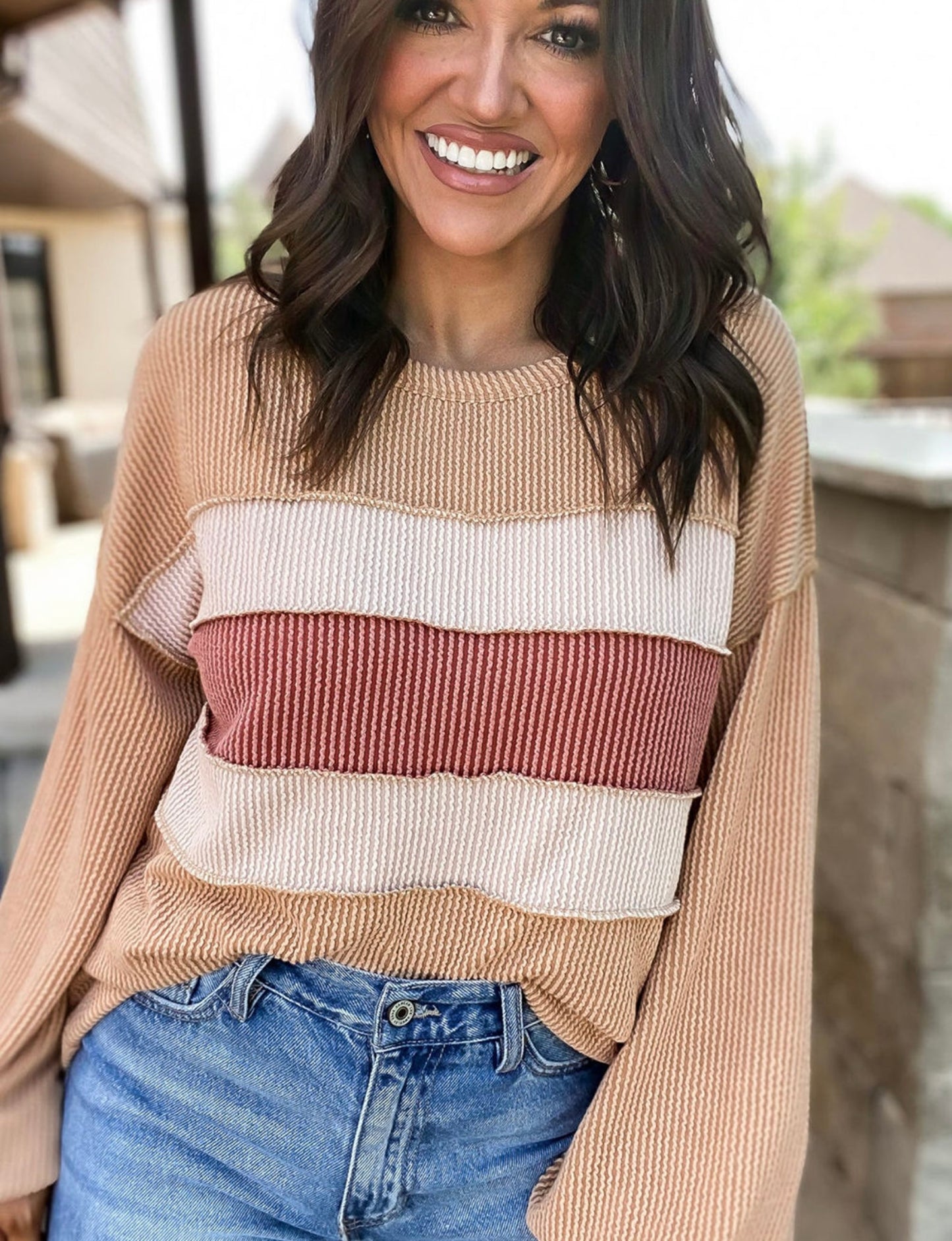 Light French Beige Colorblock Rib Corded Sweatshirt