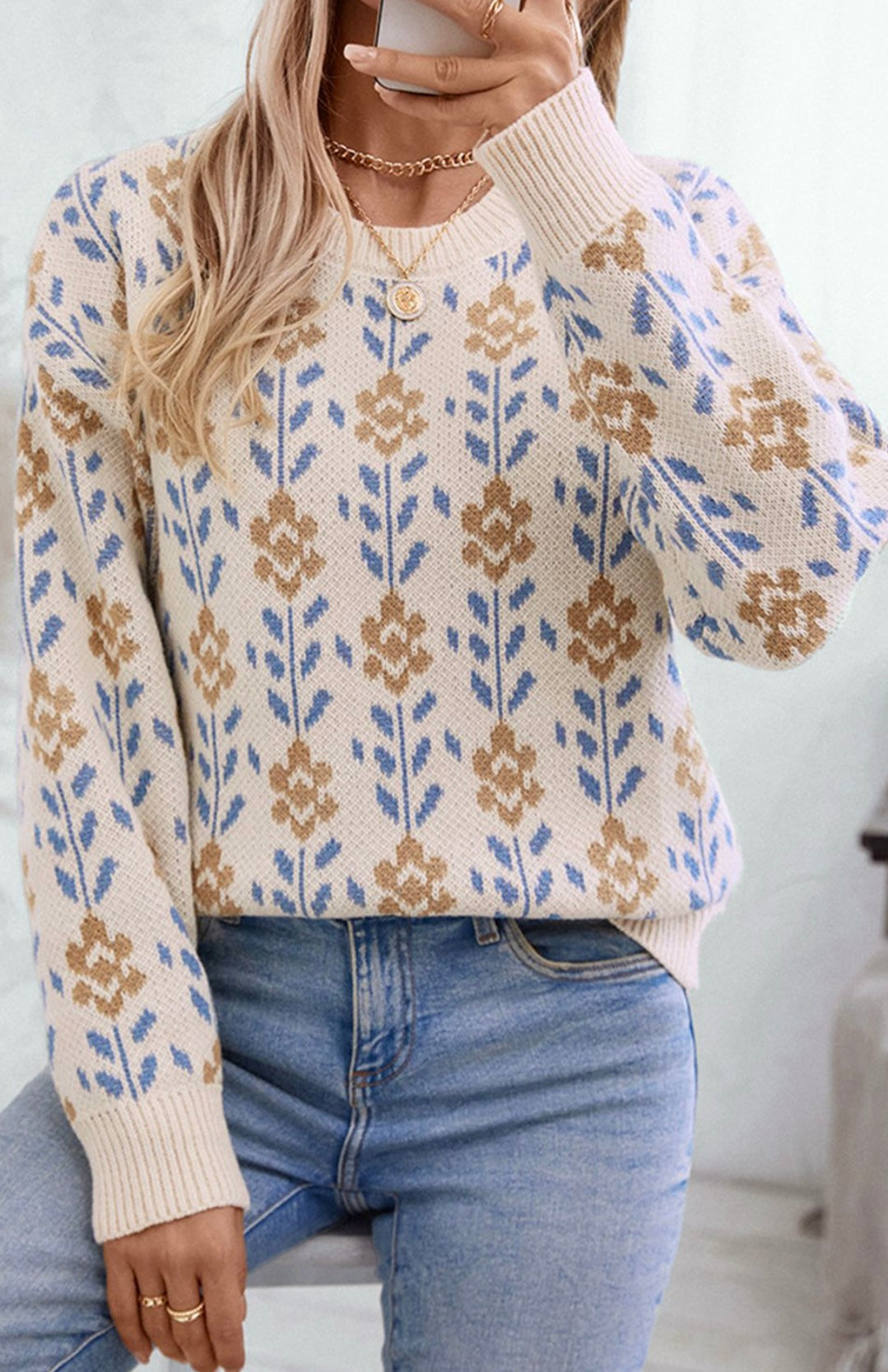 Apricot Floral Pattern Crew Neck Sweater