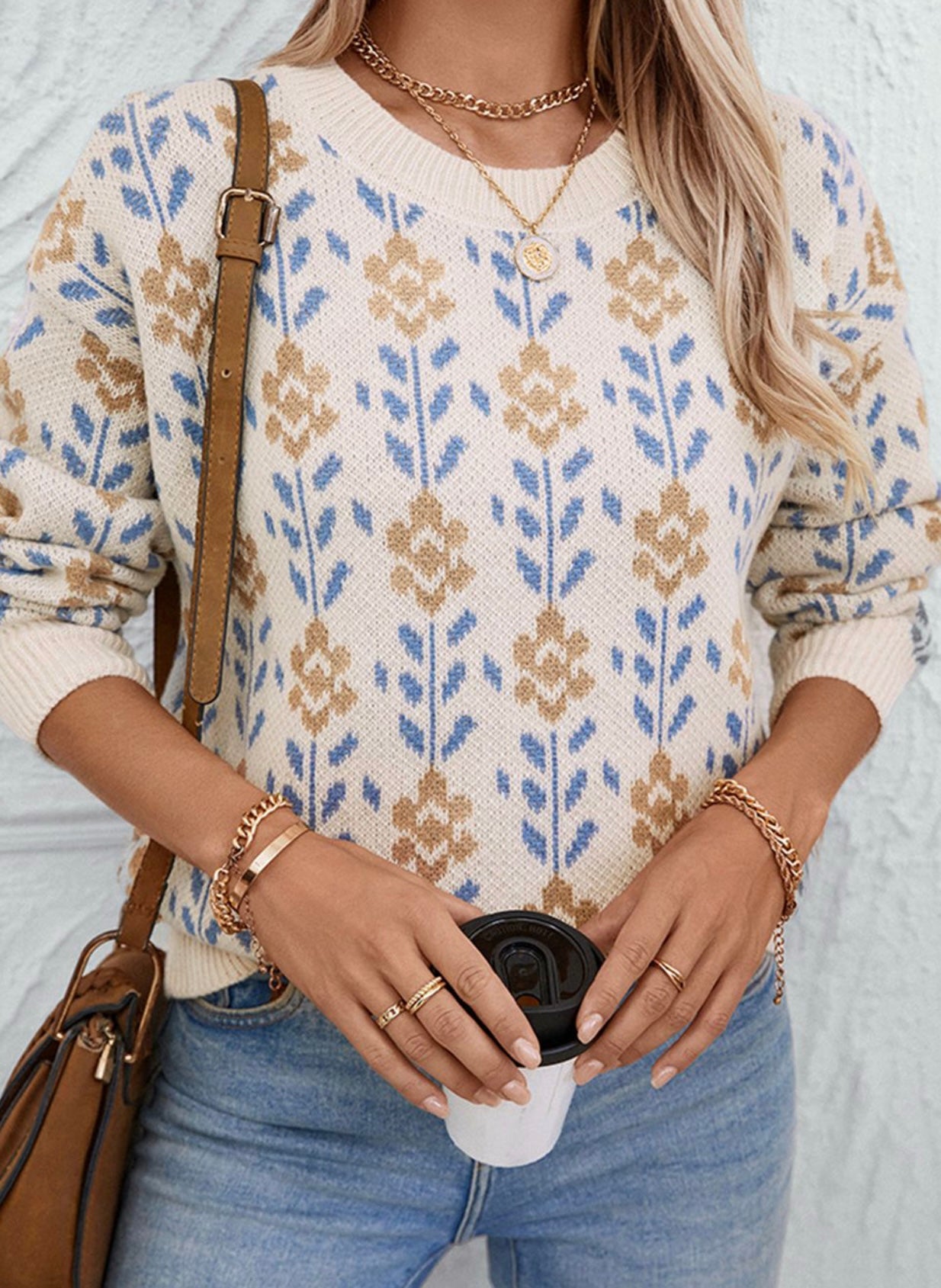 Apricot Floral Pattern Crew Neck Sweater
