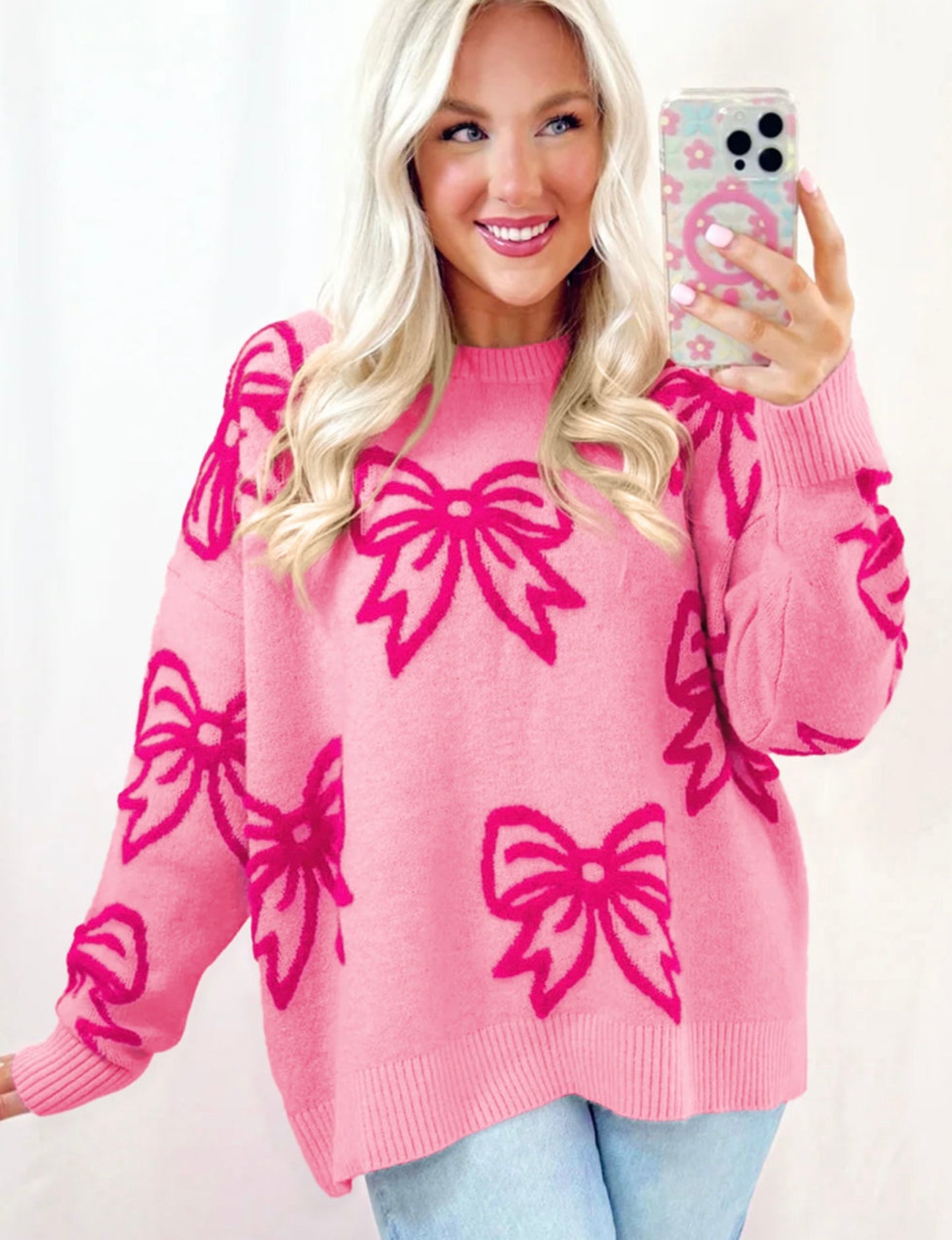 Pink Bow Pattern Drop Shoulder Loose Sweater