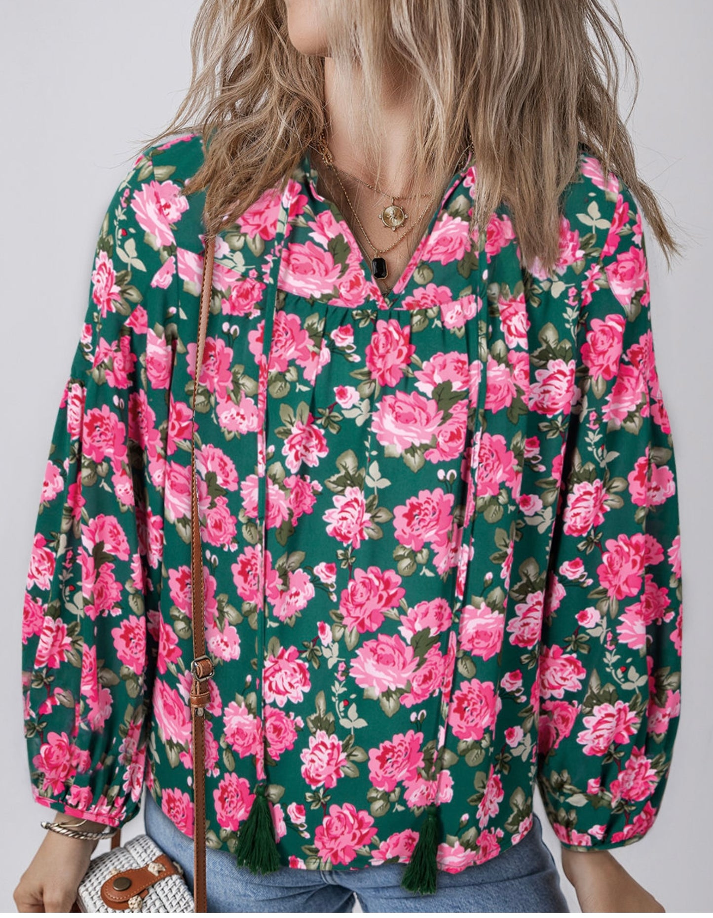 Green Floral Printed Tied Collar Puff Sleeve Blouse