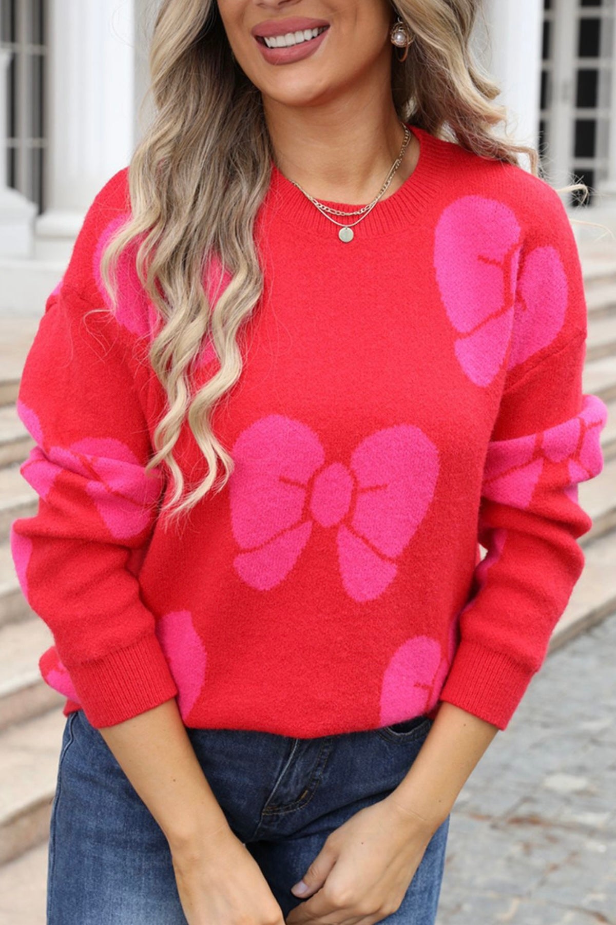 Fiery Red Valentine Bowknot Knitted Round Neck Fashion Sweater