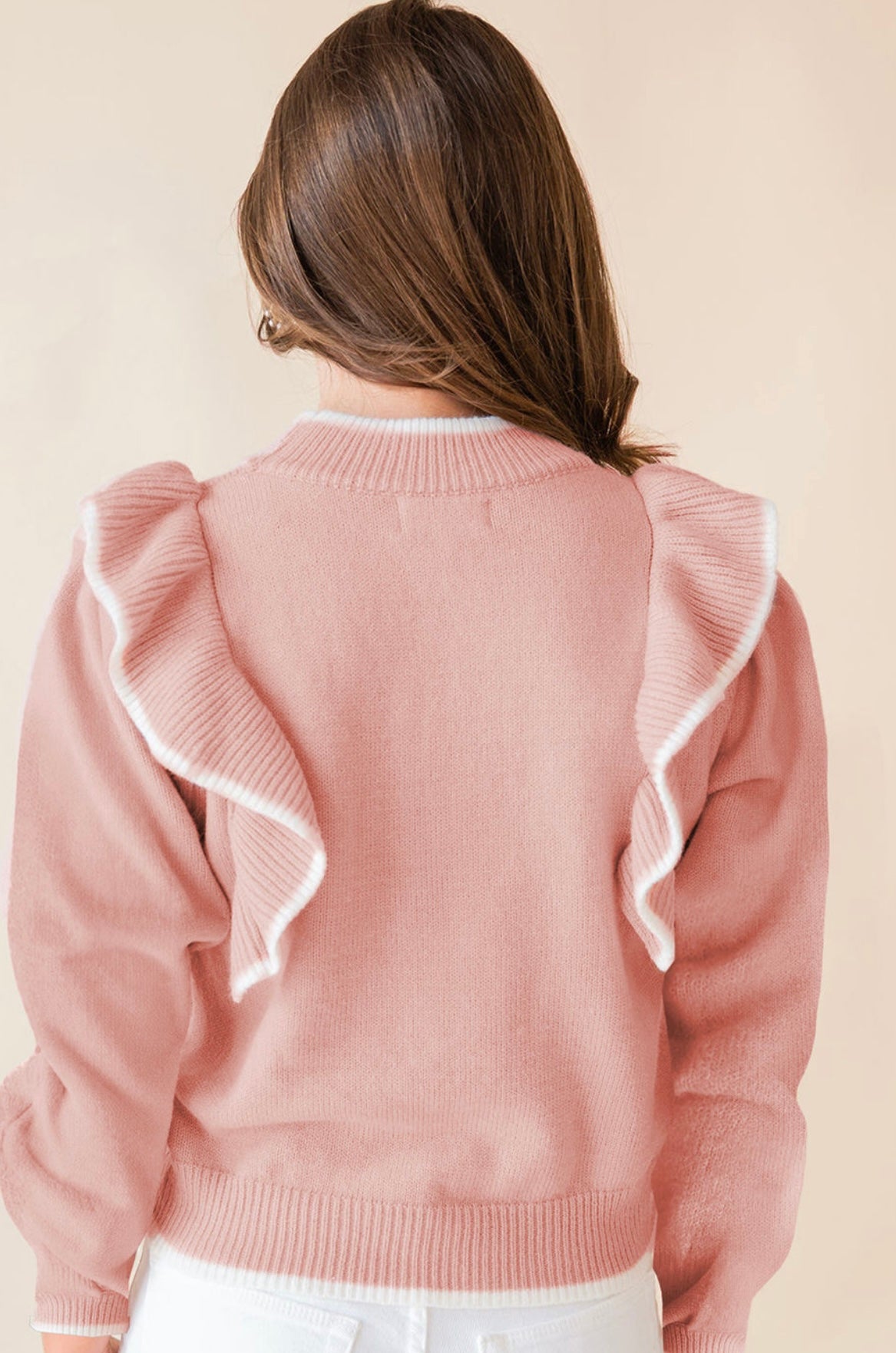 Light Pink Ruffled Bowknot Ribbed Trim Long Sleeve Sweater