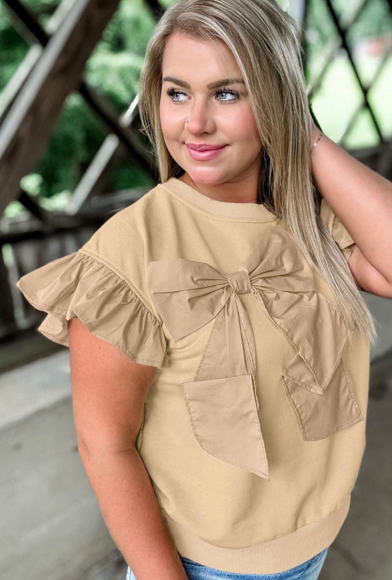 Parchment Ruffled Short Sleeve Bowknot Applique Crew Neck Plus Size Top