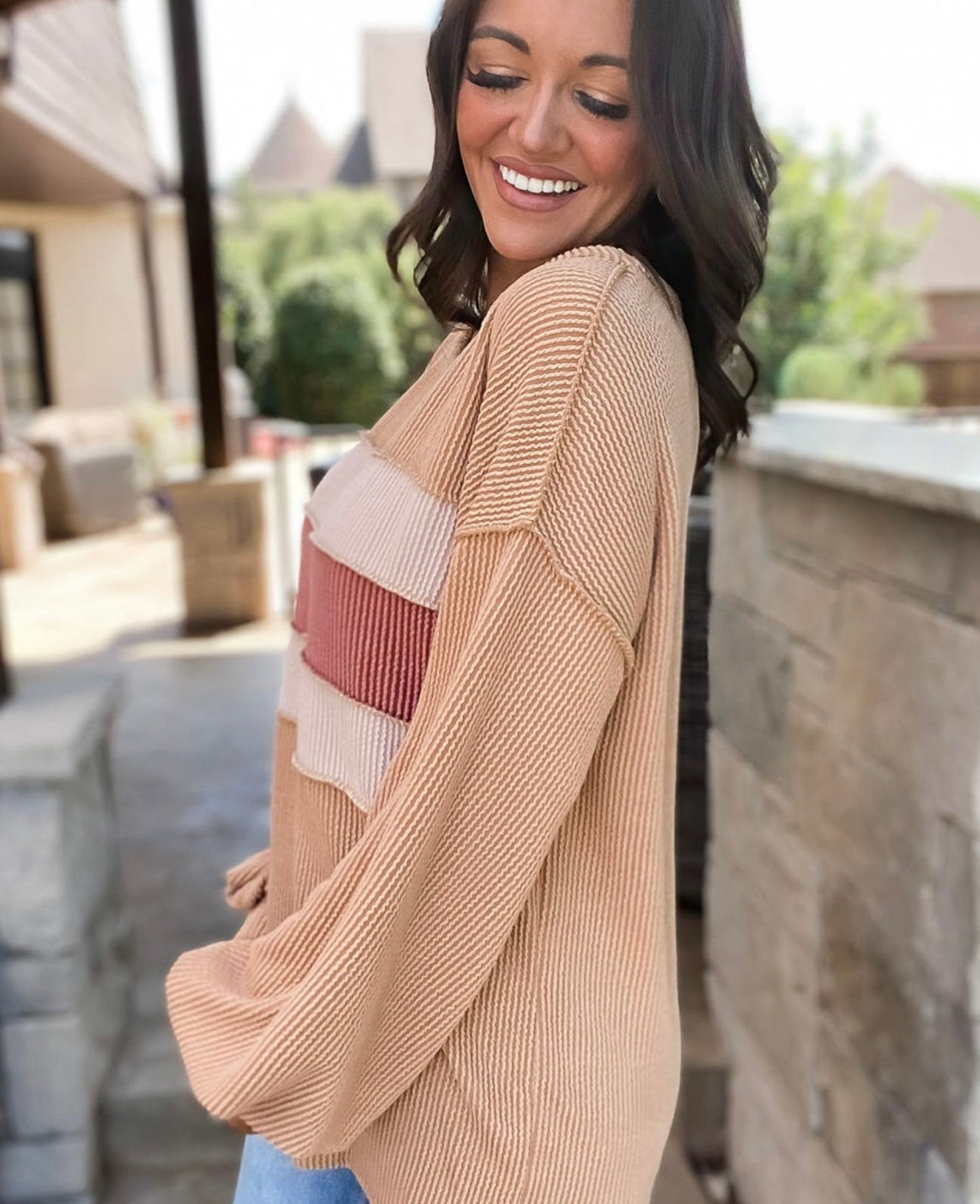 Light French Beige Colorblock Rib Corded Sweatshirt